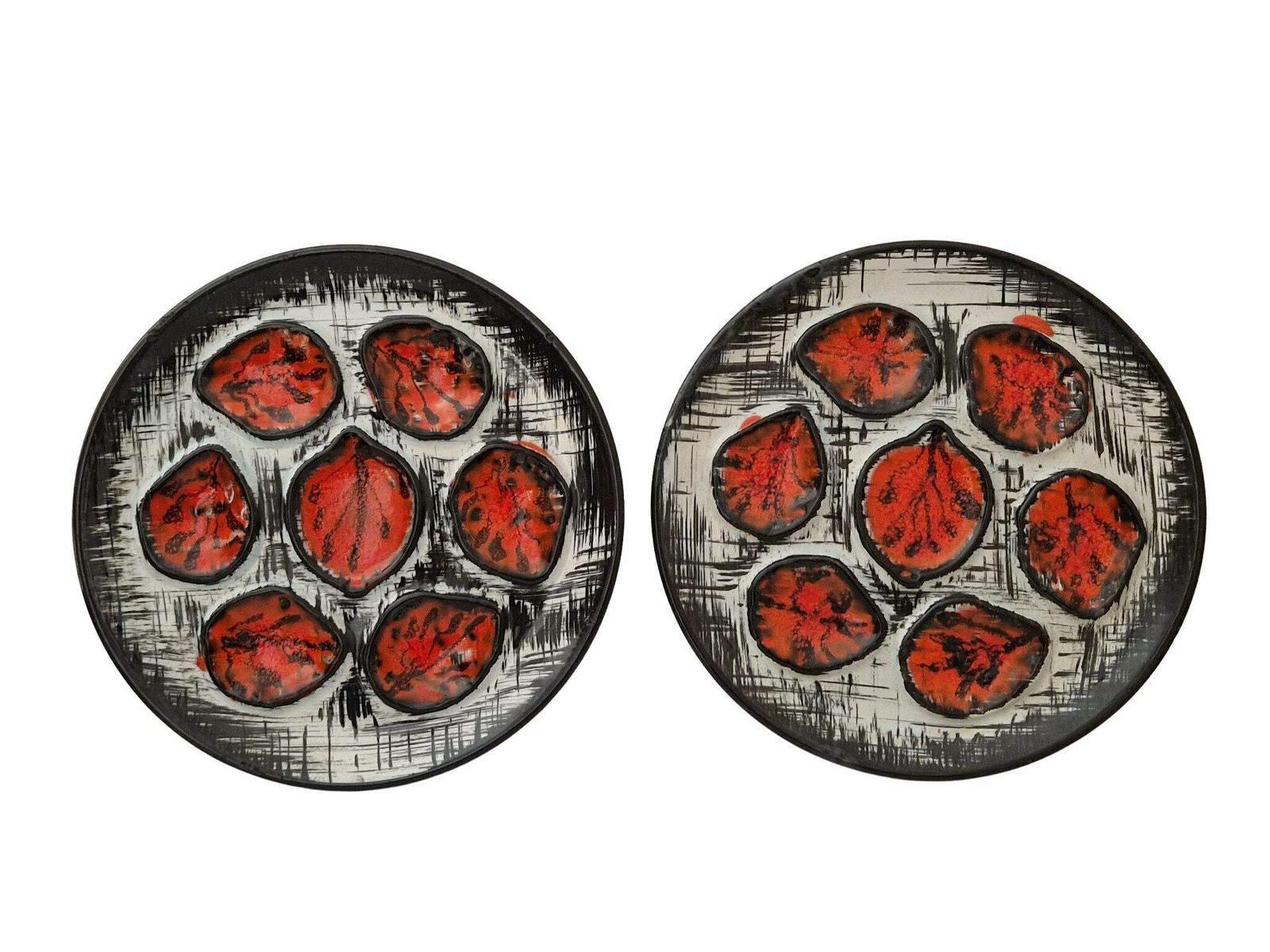 Vintage French Pornic Oyster Plates, Set Of 2, Mid Century Ceramic Seafood Serving Platters