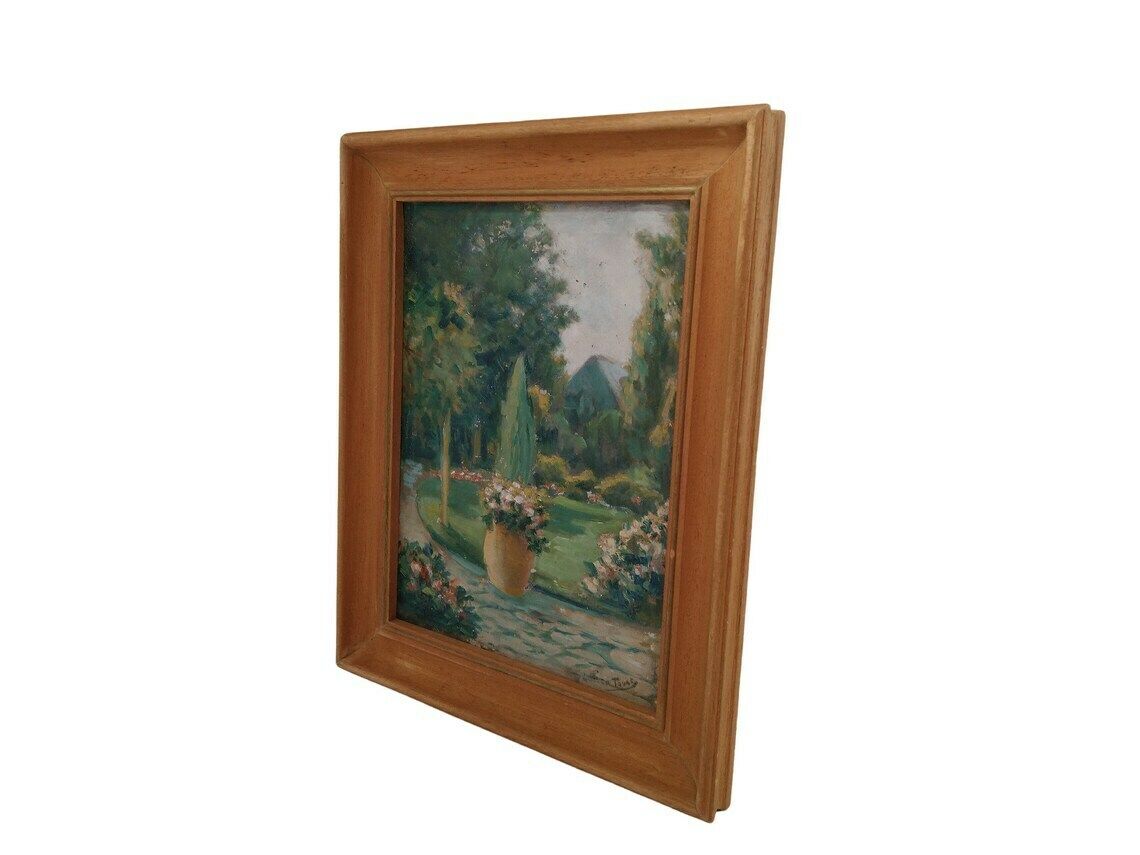 French Flower Garden And Park Landscape Painting, Framed And Signed Art photo Art