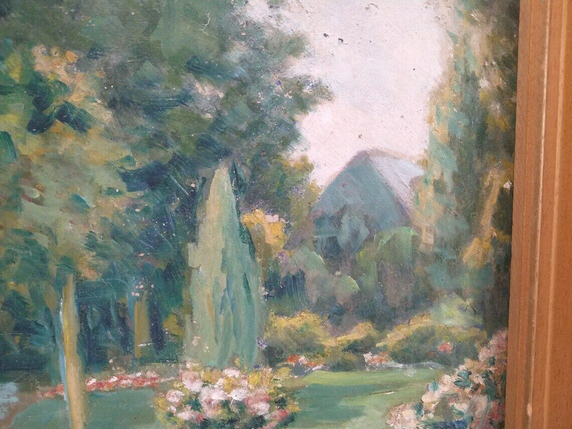 photo furniture French Flower Garden And Park Landscape Painting, Framed And Signed Art