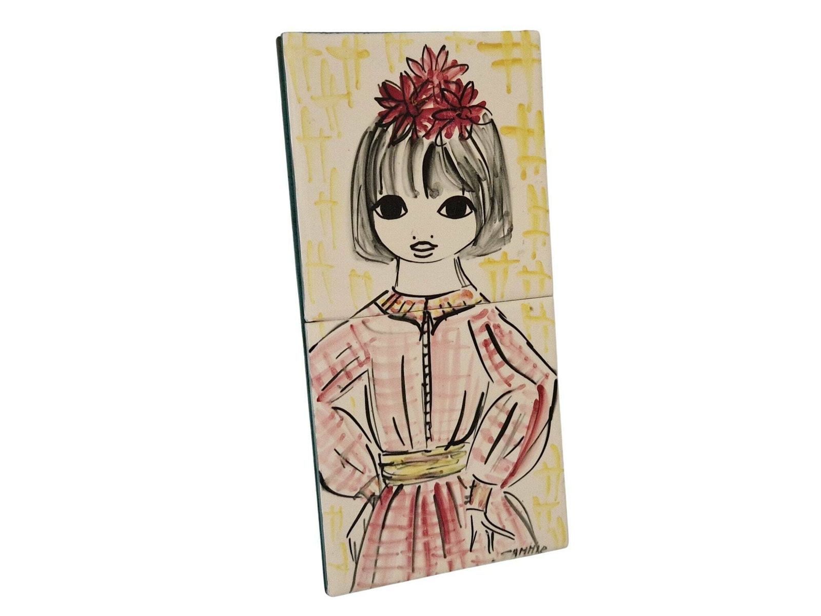 Mid Century Ceramic Tile Wall Hanging With Hand Painted Big Eye Girl Portrait photo furniture