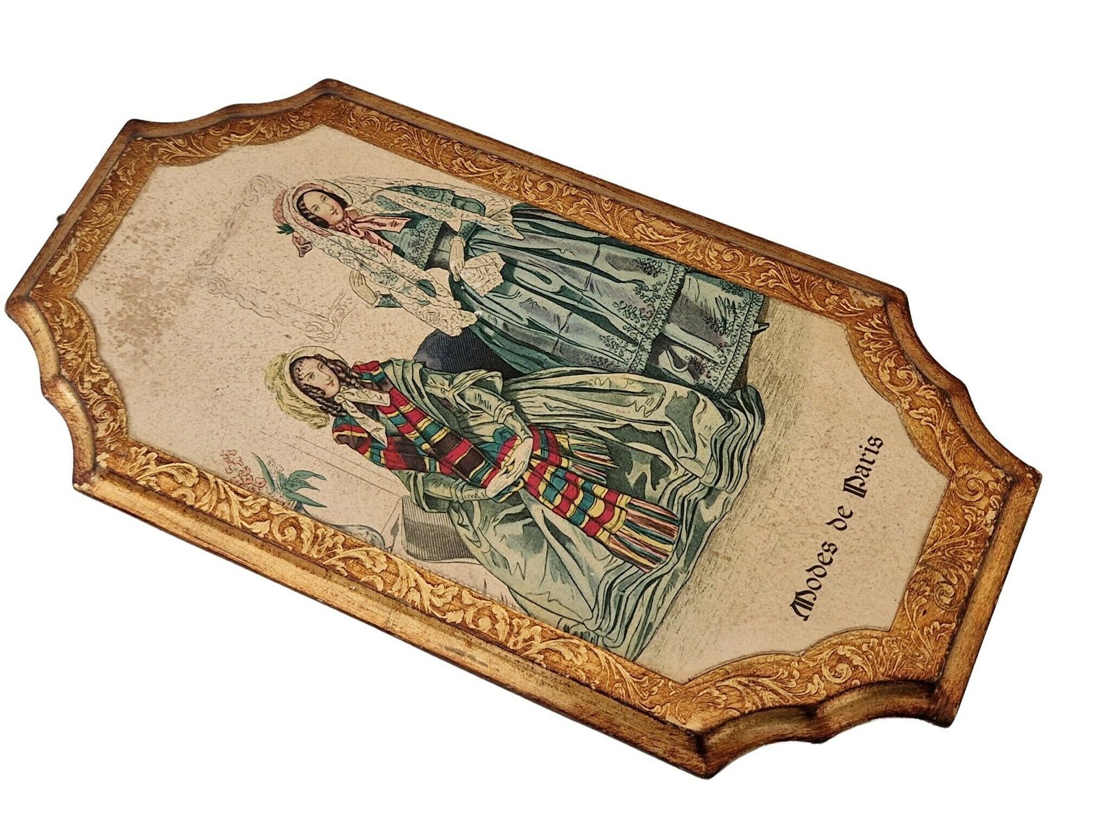 Florentine Modes De Paris Wall Hanging Plaques, Set Of 2, 19th Century Style French Fashion Prints photo vintage