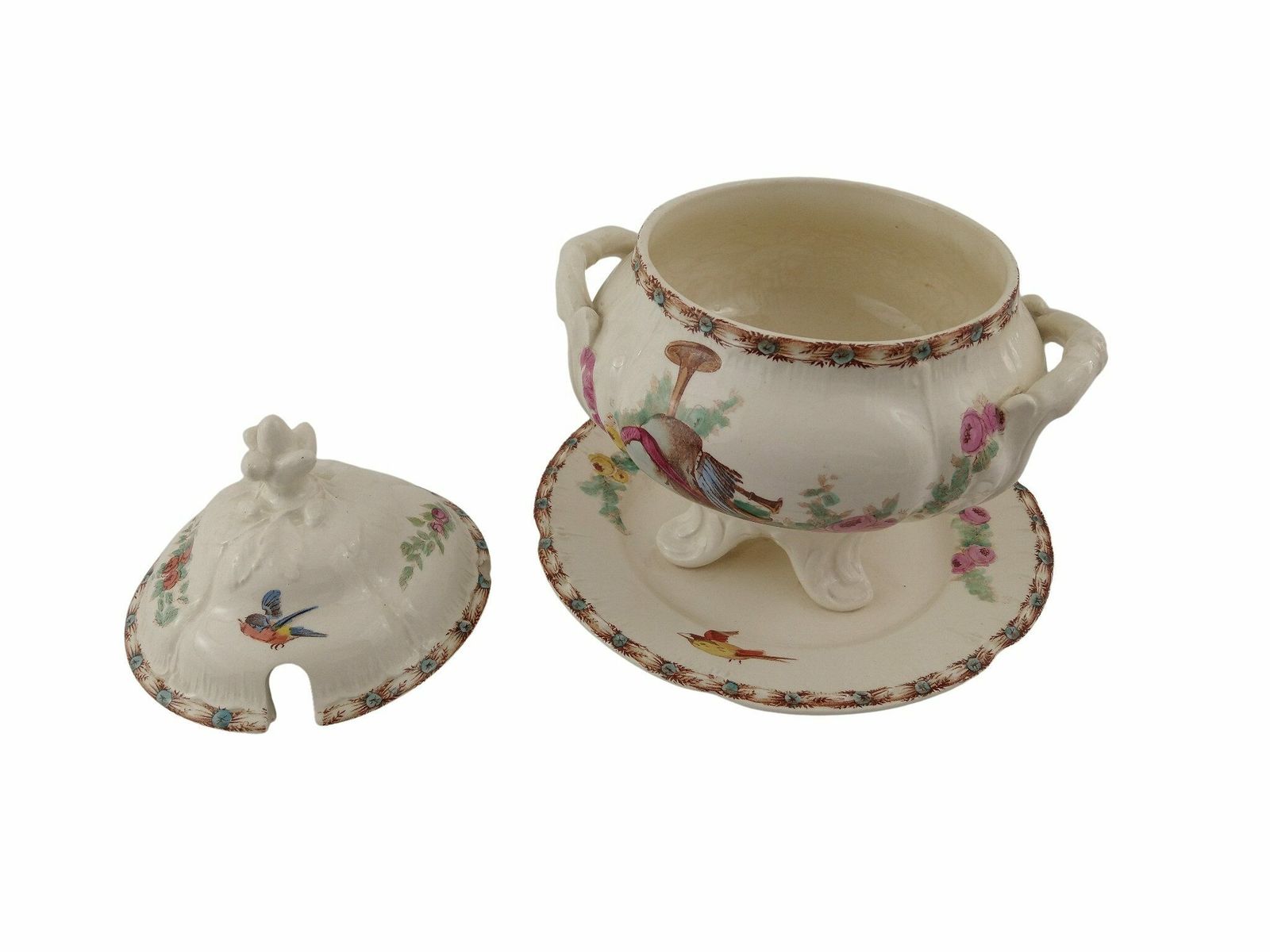 French Ironstone Tureen By Choisy Le Roi With Transferware Musical Instruments, French Ceramic Serving Dish With Plate And Lid photo vintage