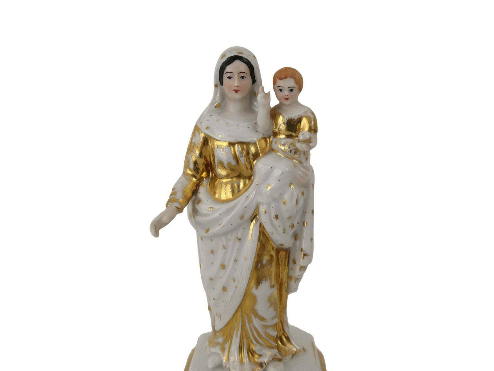Antique Virgin Mary And Infant Jesus Porcelain Statue, 19th Century French Christian Mother And Child Saint Figurine photo furniture
