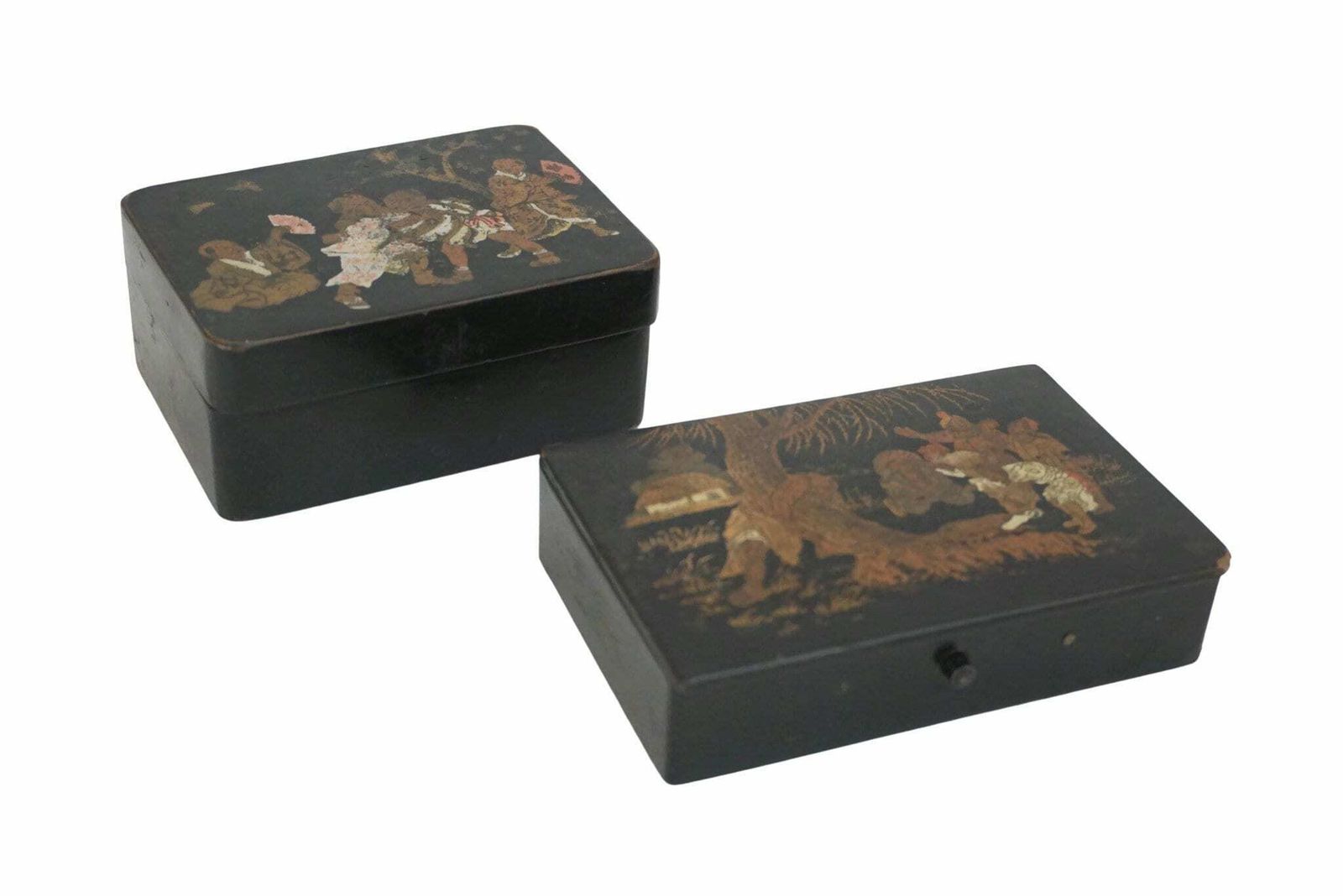 Antique French Lacquered Thread And Thimble Box Pair With Asian Folk Art Decoration