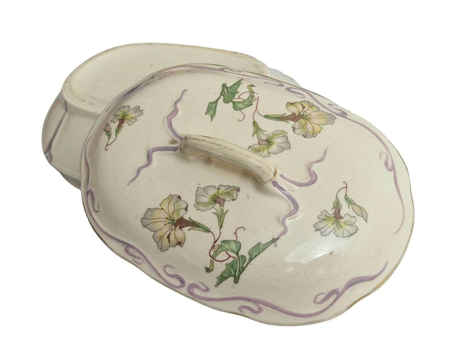 Art Nouveau Ceramic Jewelry Box With Flowers, Antique French Pottery Candy Dish photo for sale