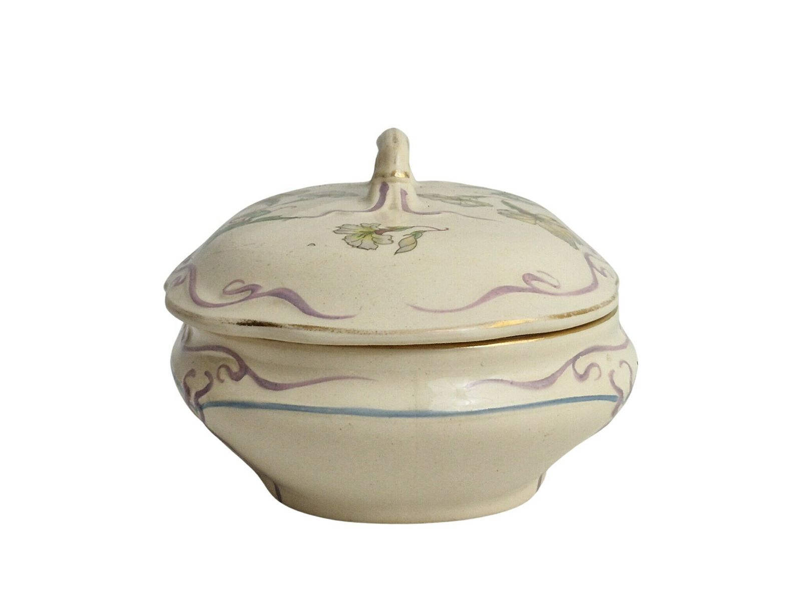 Art Nouveau Ceramic Jewelry Box With Flowers, Antique French Pottery Candy Dish photo Home Decor