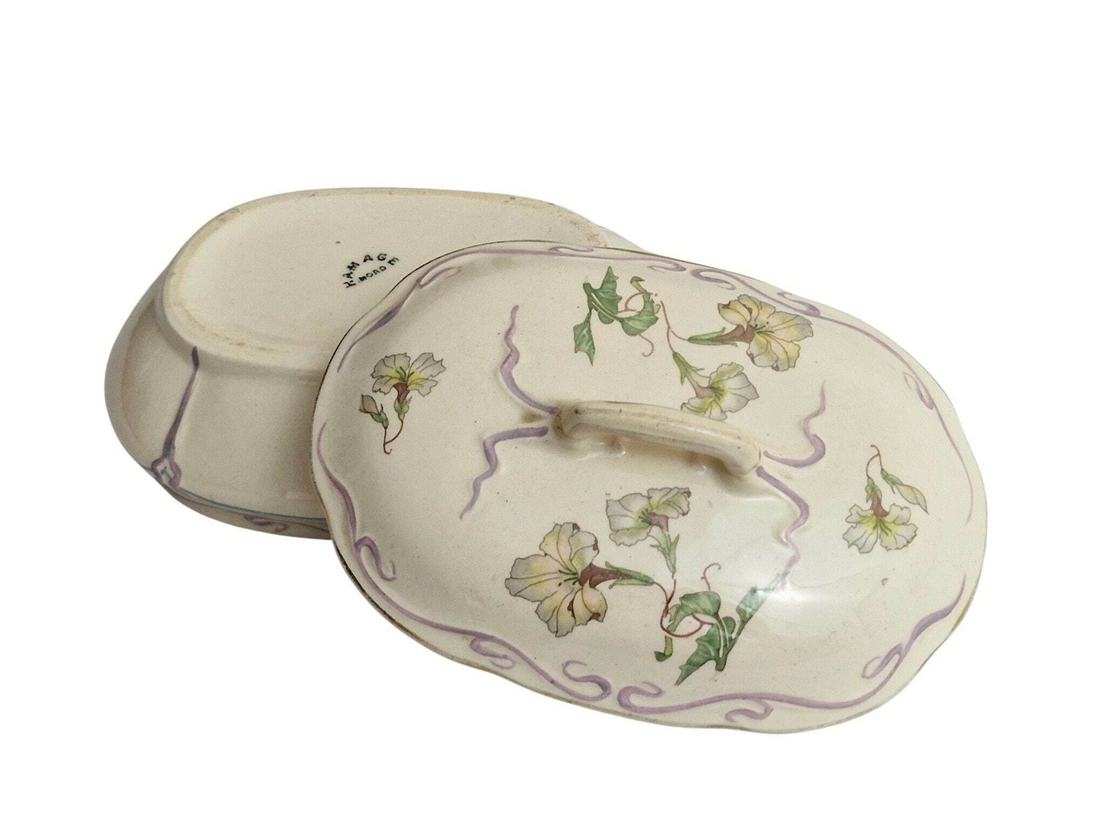 Art Nouveau Ceramic Jewelry Box With Flowers, Antique French Pottery Candy Dish photo buy