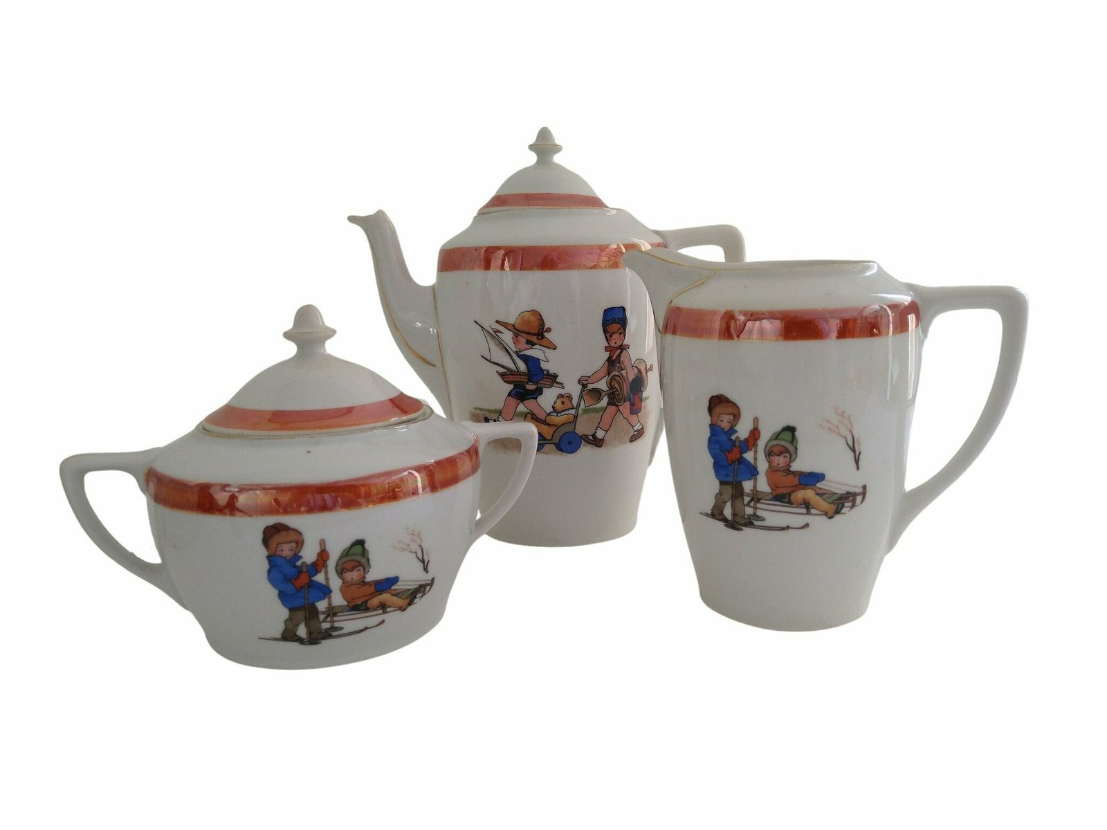 Art Deco Porcelain Tea And Coffee Service Set With Children Decor, Lusterware Teapot, Creamer And Sugar Bowl