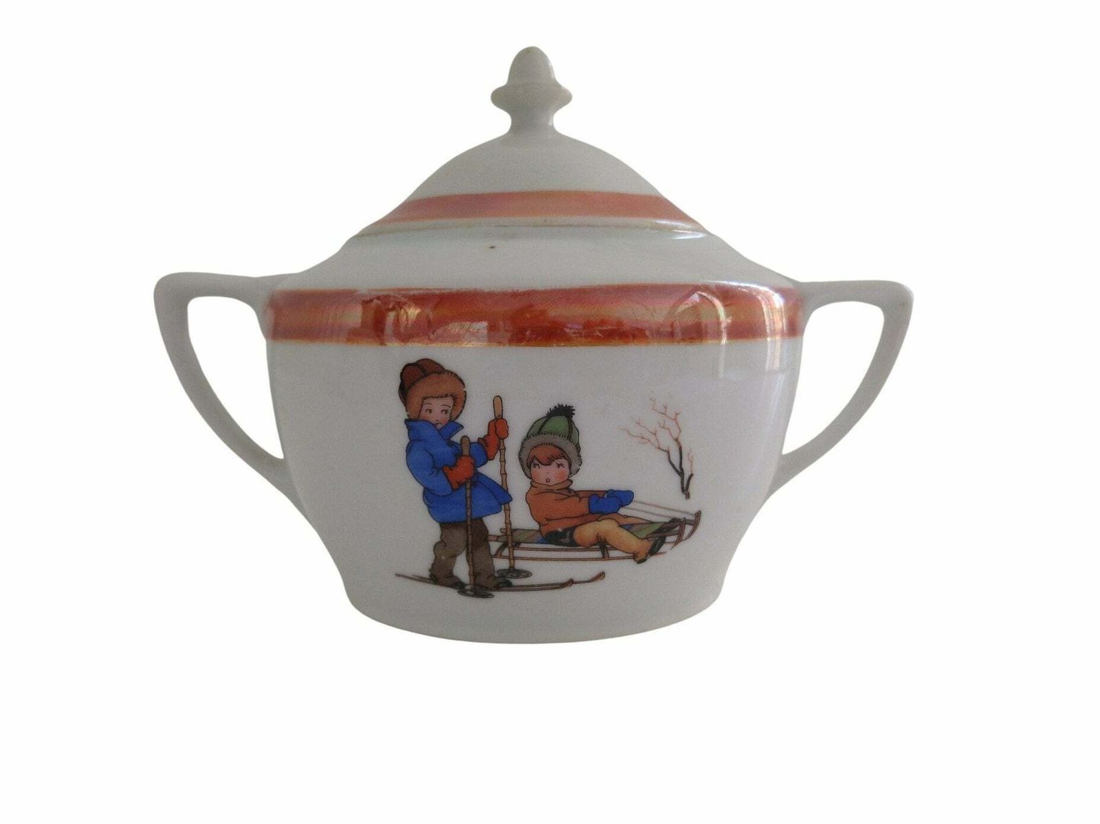 Art Deco Porcelain Tea And Coffee Service Set With Children Decor, Lusterware Teapot, Creamer And Sugar Bowl photo buy