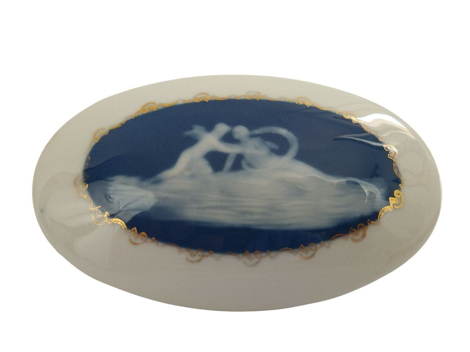Antique Limoges Porcelain Jewelry Box By Camille Tharaud With Cupid And Psyche Cameo, Romantic French Blue And White Ceramic Trinket Dish photo for sale