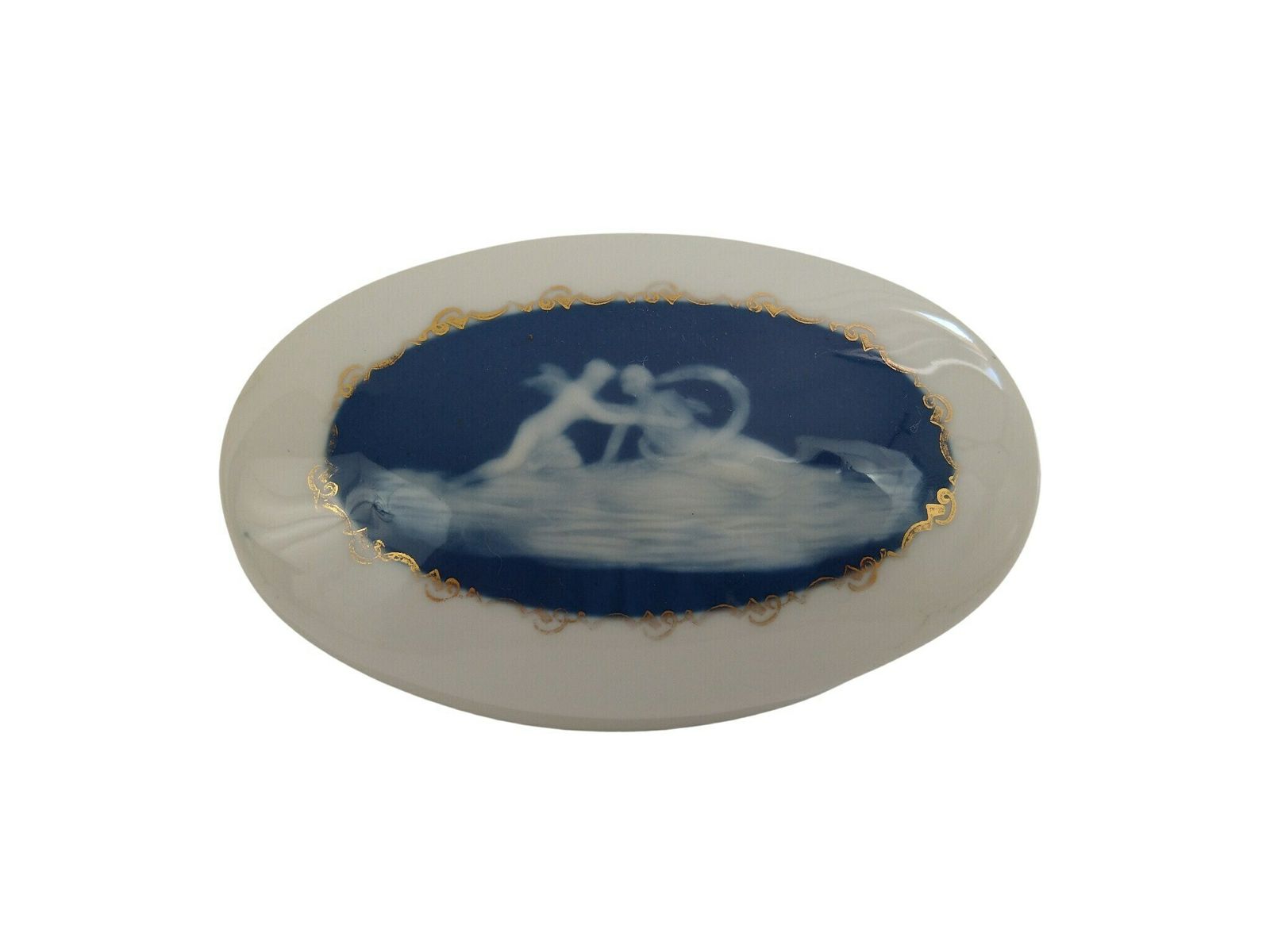 Antique Limoges Porcelain Jewelry Box By Camille Tharaud With Cupid And Psyche Cameo, Romantic French Blue And White Ceramic Trinket Dish photo vinterior