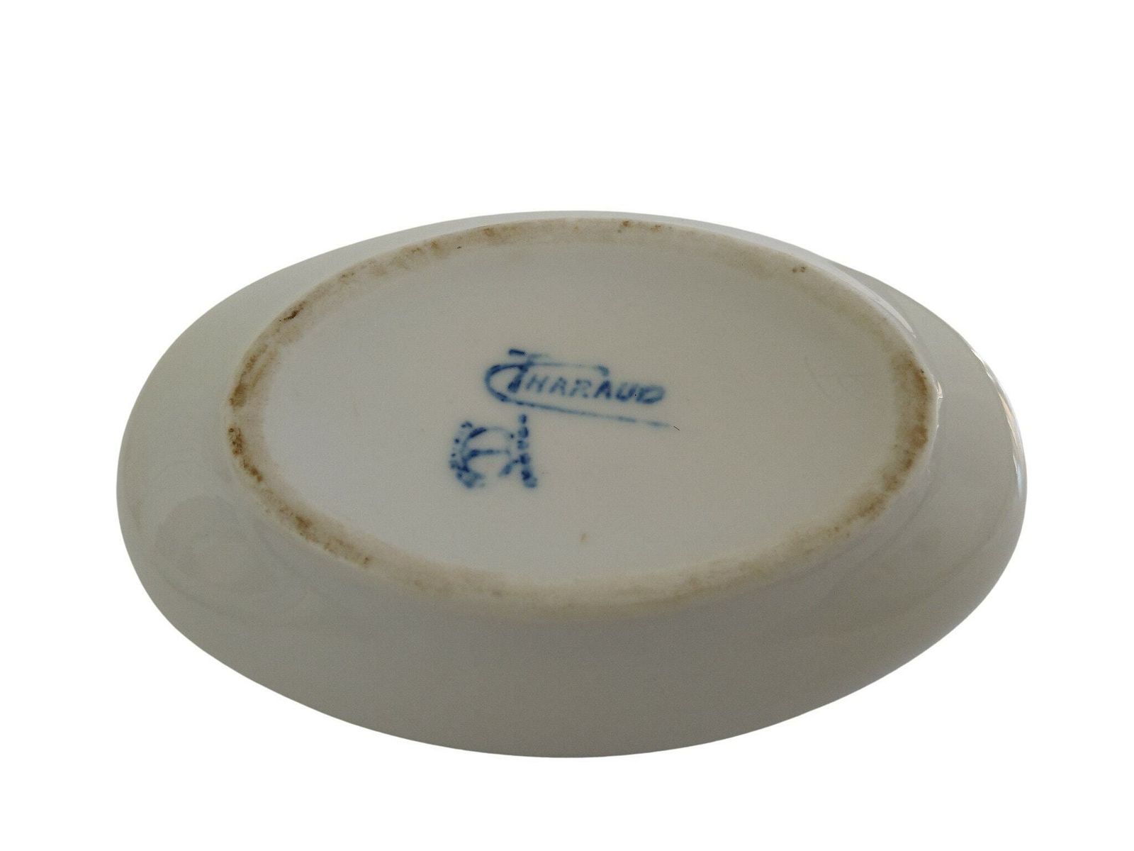 photo for sale Antique Limoges Porcelain Jewelry Box By Camille Tharaud With Cupid And Psyche Cameo, Romantic French Blue And White Ceramic Trinket Dish
