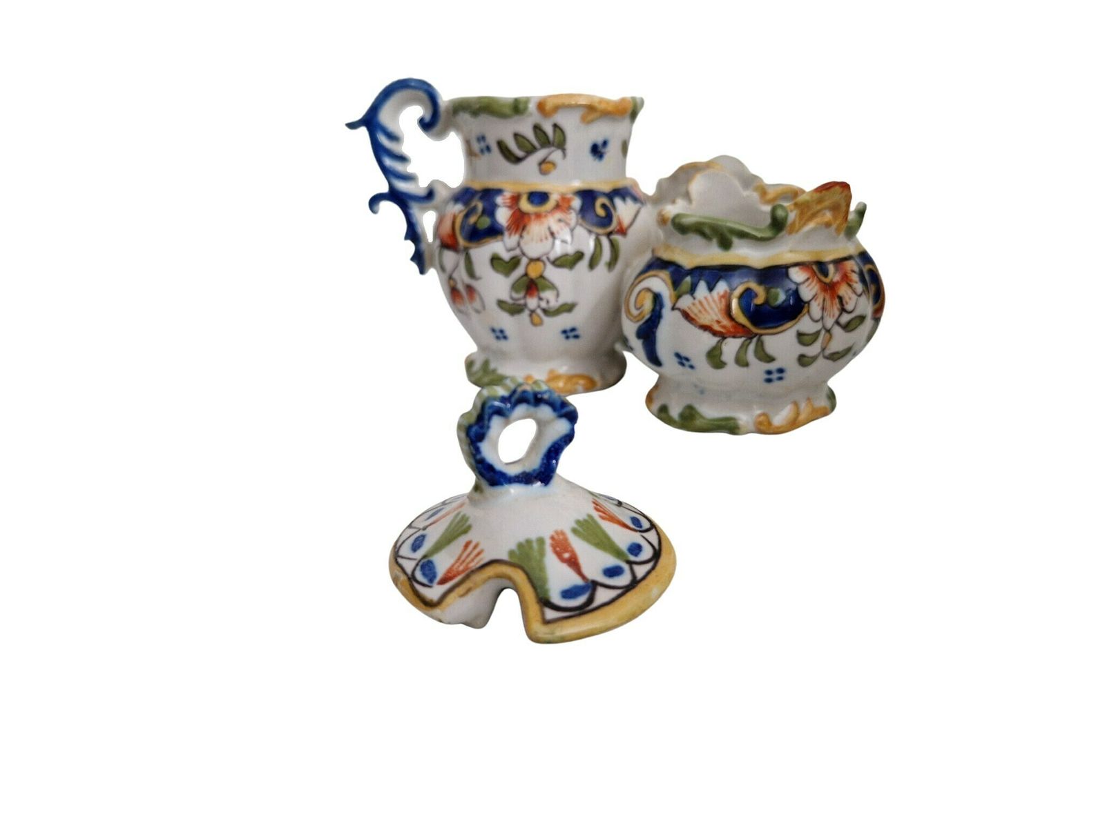 French Desvres Faience Cruet Set With Mustard Pot, Salt And Pepper Cellars By Georges Martel, Hand Painted Ceramic Table Decor photo 87.0