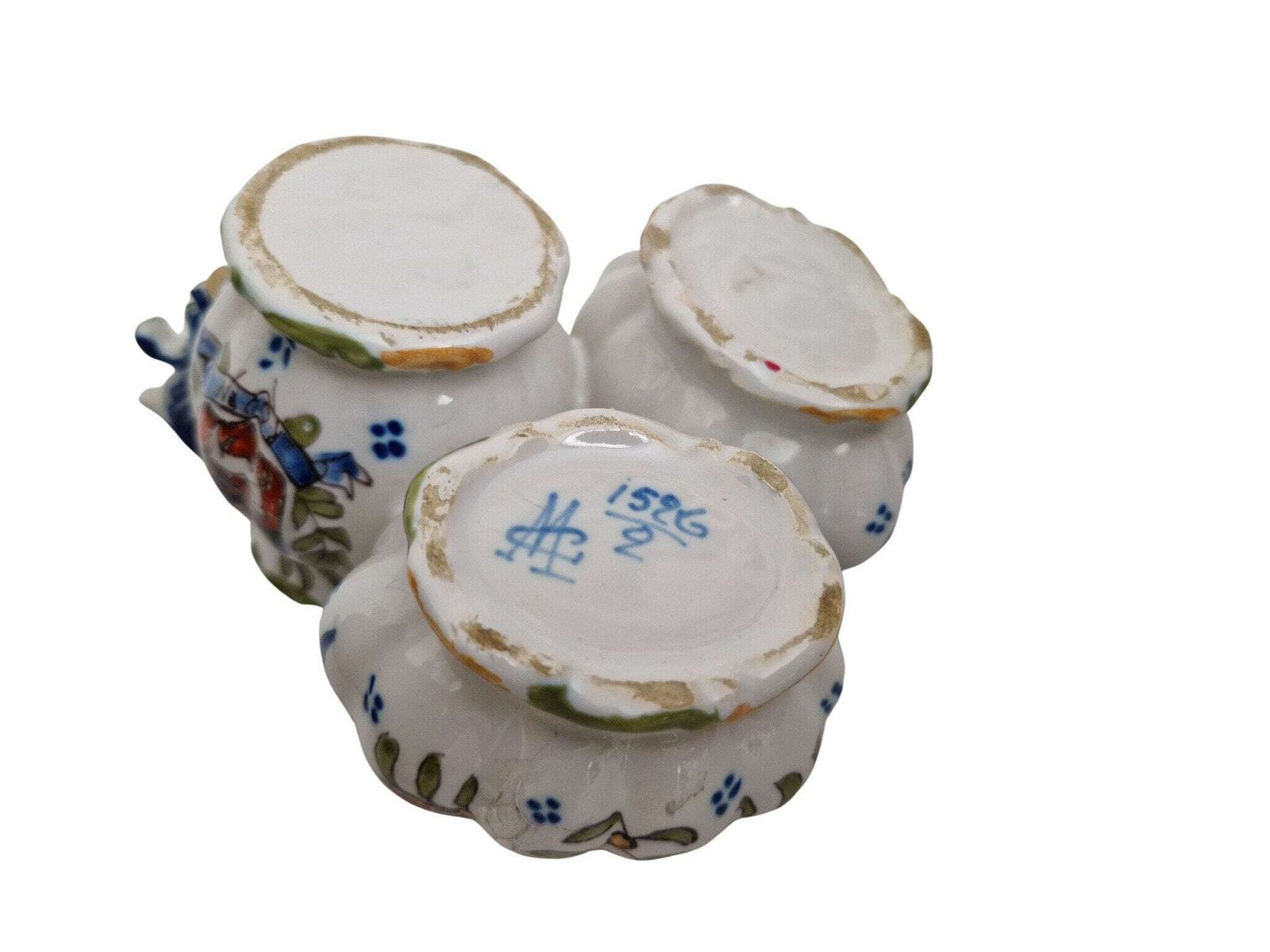 photo for sale French Desvres Faience Cruet Set With Mustard Pot, Salt And Pepper Cellars By Georges Martel, Hand Painted Ceramic Table Decor