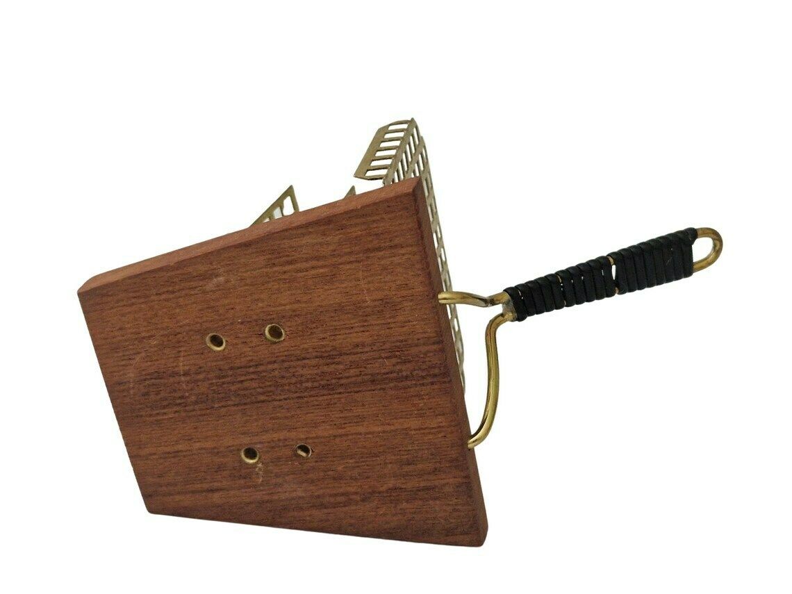 photo for sale Mid Century Teak And Brass Letter Holder Rack, Mcm Desk Mail Organizer