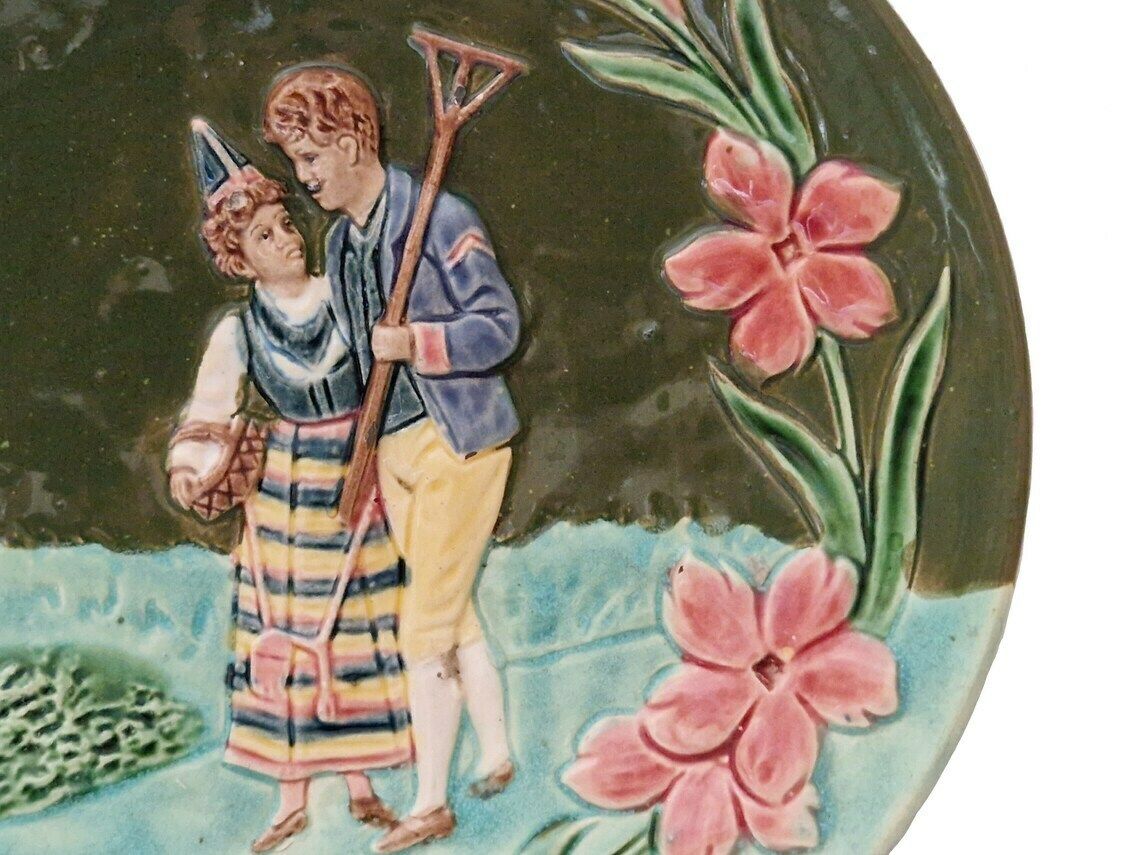 Bavarian Majolica Plate With Couple In Folk Costumes, Art Nouveau Ceramic Wall Decor photo buy