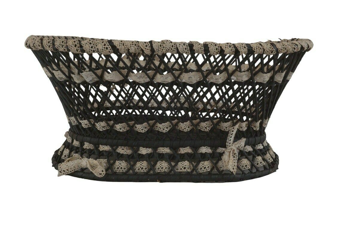 Antique French Wicker Basket With Ribbon Lace, Hand Woven Victorian Knitting Storage Bowl photo for sale