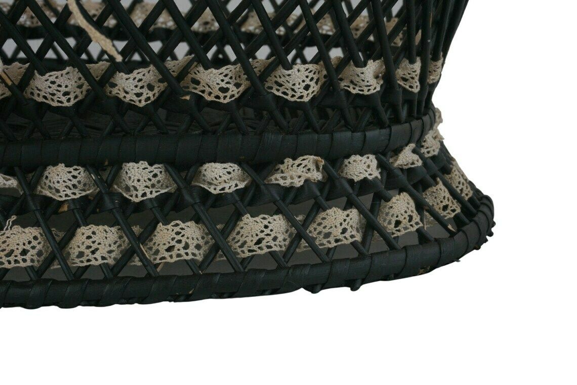photo for sale Antique French Wicker Basket With Ribbon Lace, Hand Woven Victorian Knitting Storage Bowl