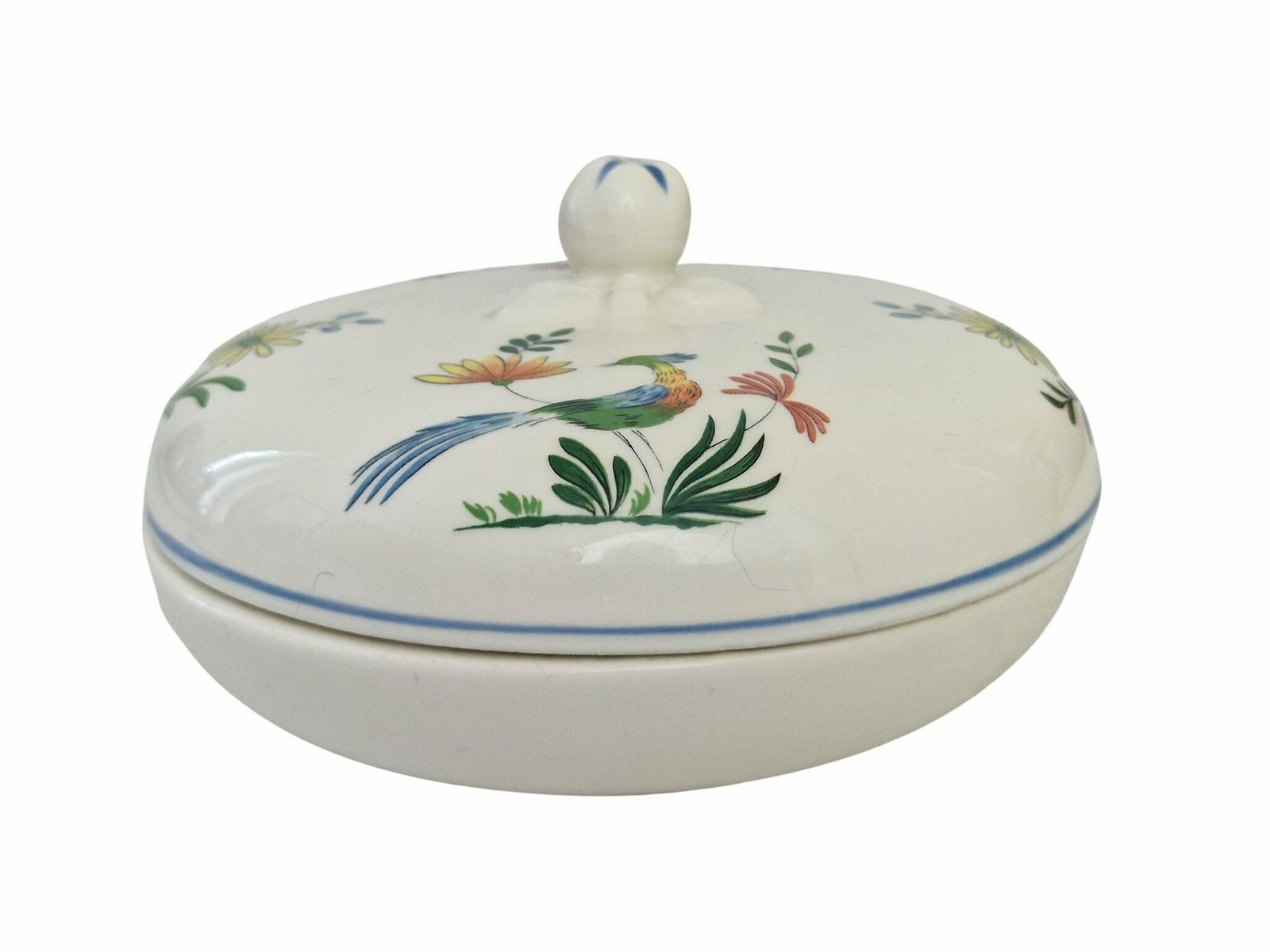 Gien Ceramic Candy Dish With Birds Of Paradise, French Faience Lidded Jewelry Box photo Home Decor