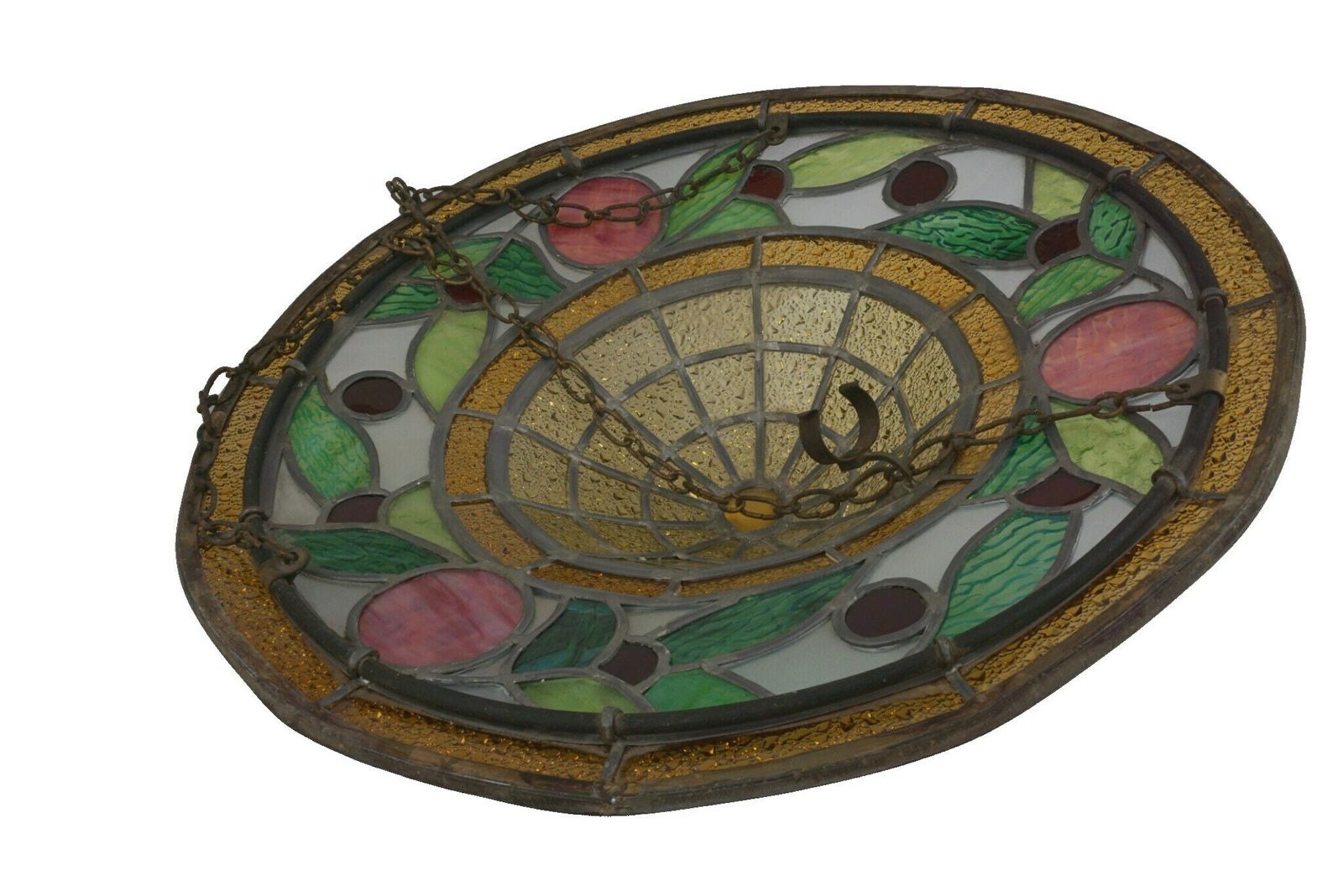 Art Nouveau Stained Glass Pendant Light, French Antique Hanging Lamp Fixture photo Lighting