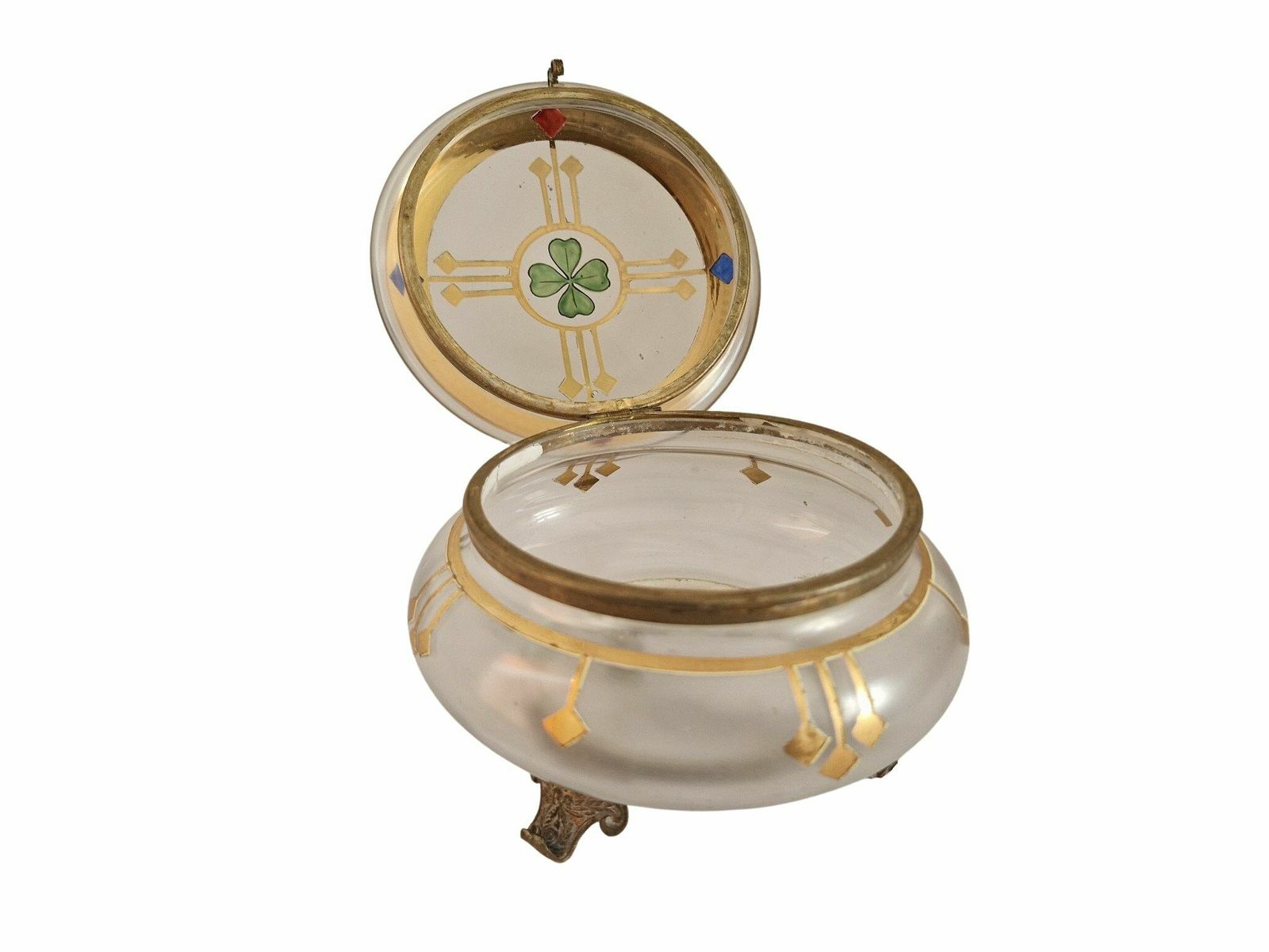 Art Nouveau Glass Candy Dish, French Antique Hand Painted Cookie Jar photo Home Decor