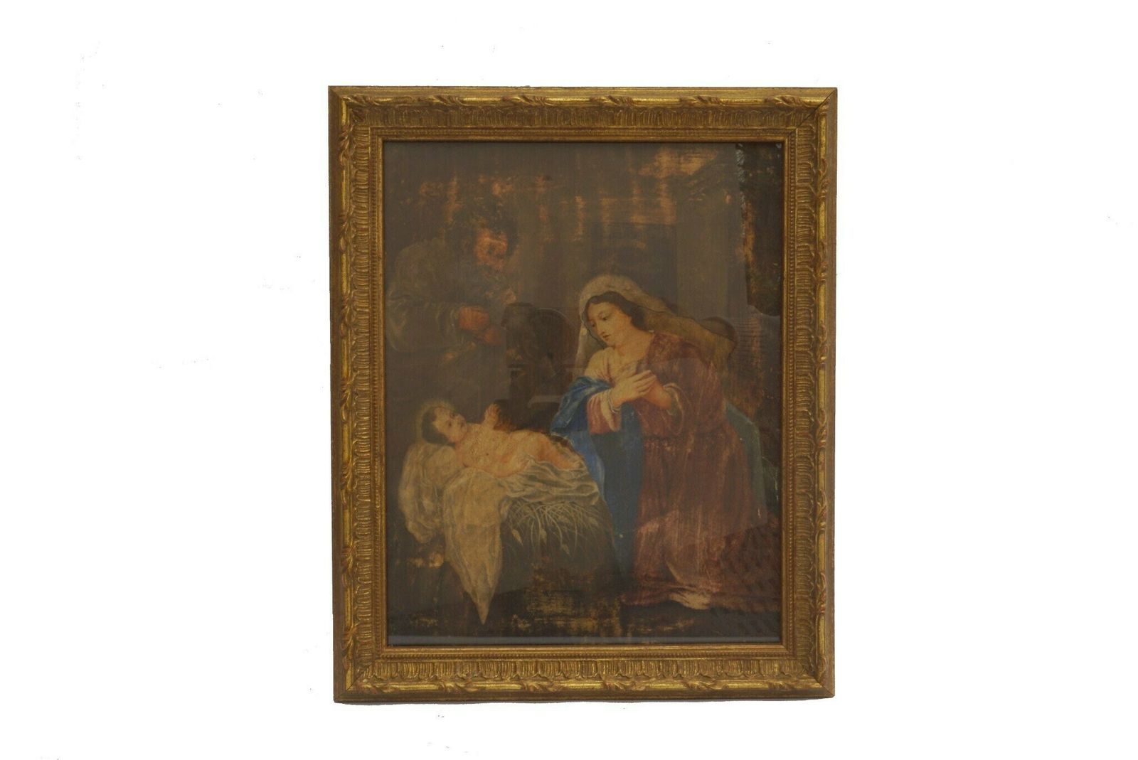 Antique Christmas Nativity Scene Painting, 18th Century French Religious Art With Baby Jesus, Virgin Mary And St Joseph