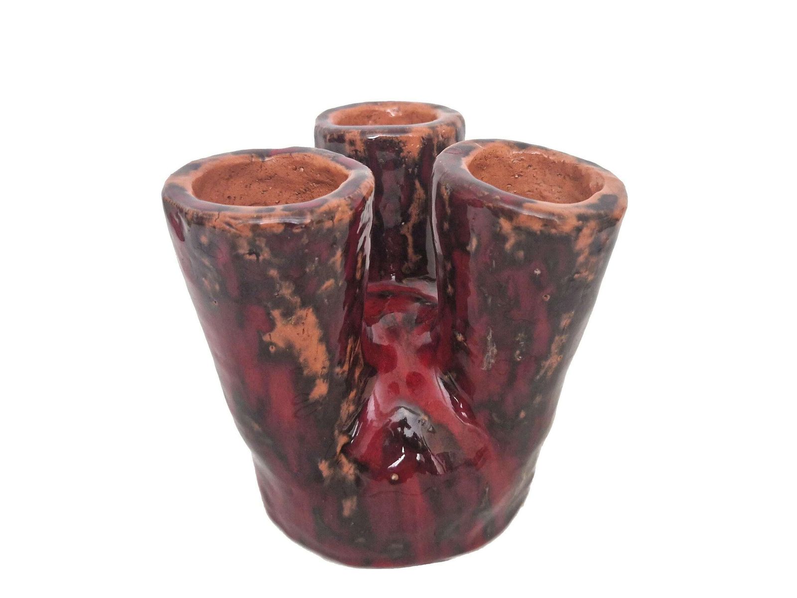 Mcm Studio Pottery Vase With Triple Stem Spouts, Mid Century Drip Glaze Abstract Vessel