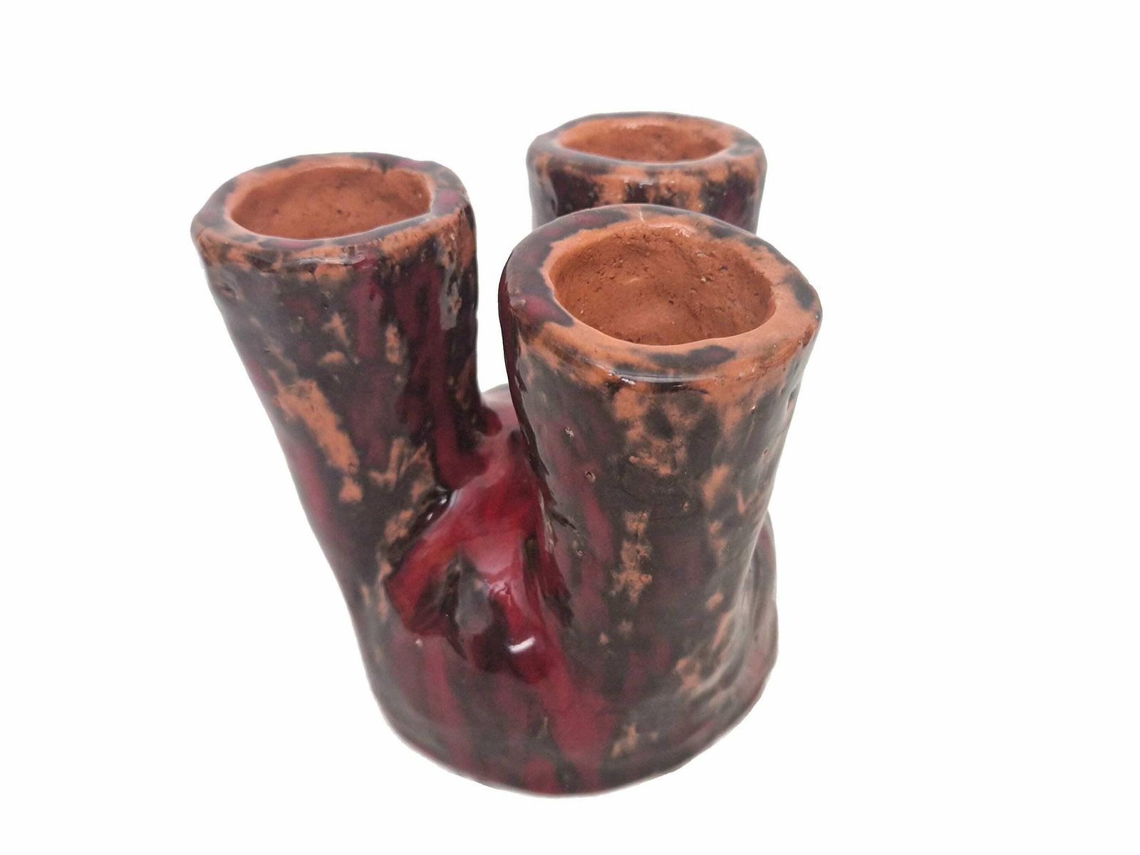 Mcm Studio Pottery Vase With Triple Stem Spouts, Mid Century Drip Glaze Abstract Vessel photo Home Decor