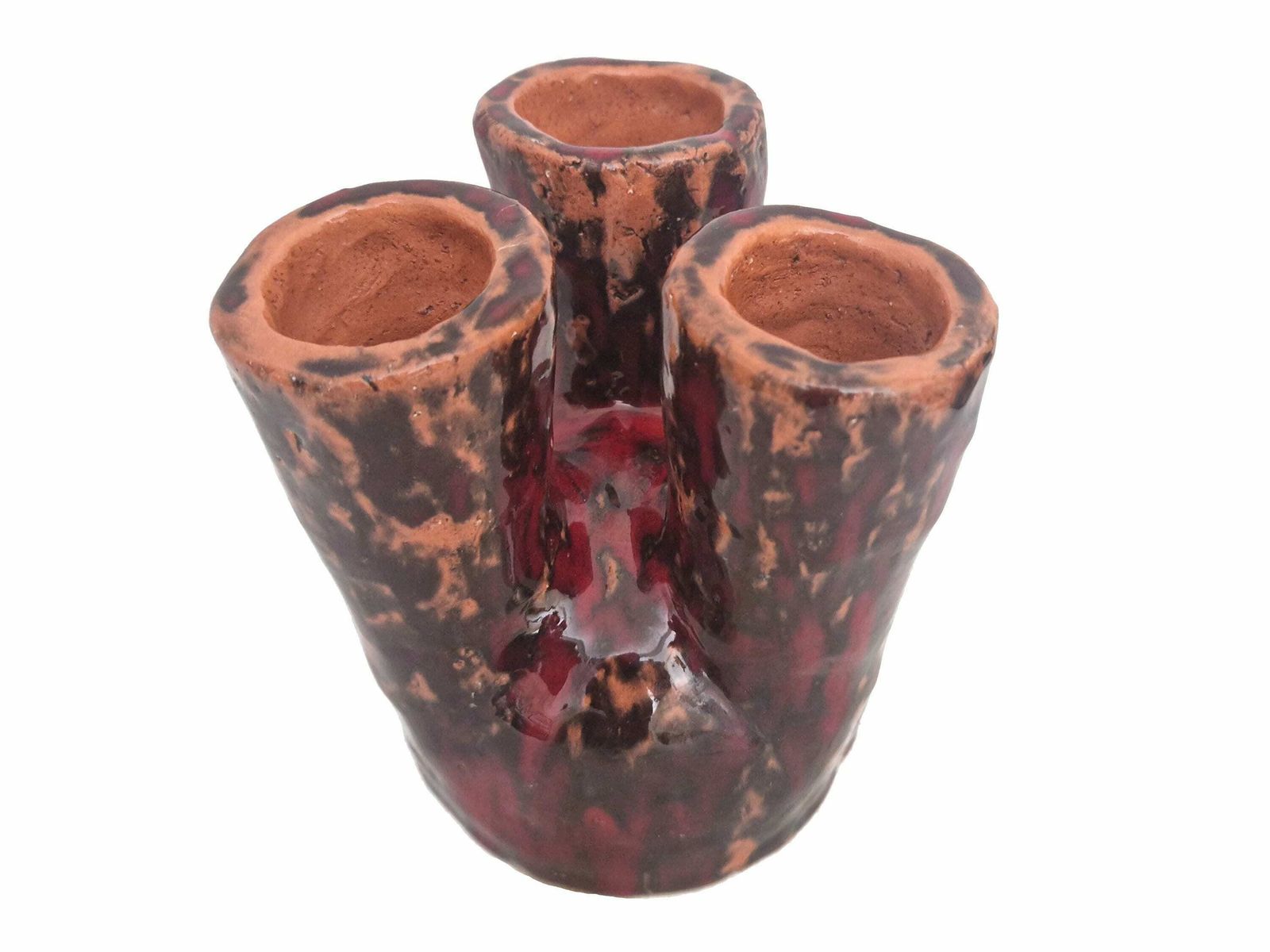 photo furniture Mcm Studio Pottery Vase With Triple Stem Spouts, Mid Century Drip Glaze Abstract Vessel