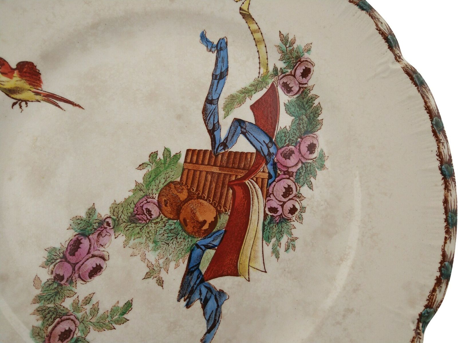 Antique French Transferware Cake Stand And Macaron Plate With Birds And Roses, Choisy Le Roi Ironstone Pedestal Compote Dish photo 194.0