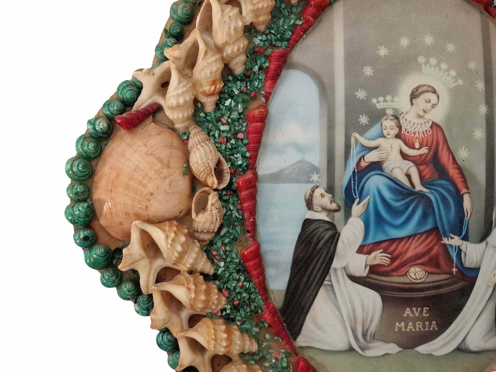 Mid Century Seashell Art Frame With Our Lady Of The Rosary, Vintage Mary And Jesus Portrait Art, Lady Of Pompeii Religious Souvenir. photo vinterior