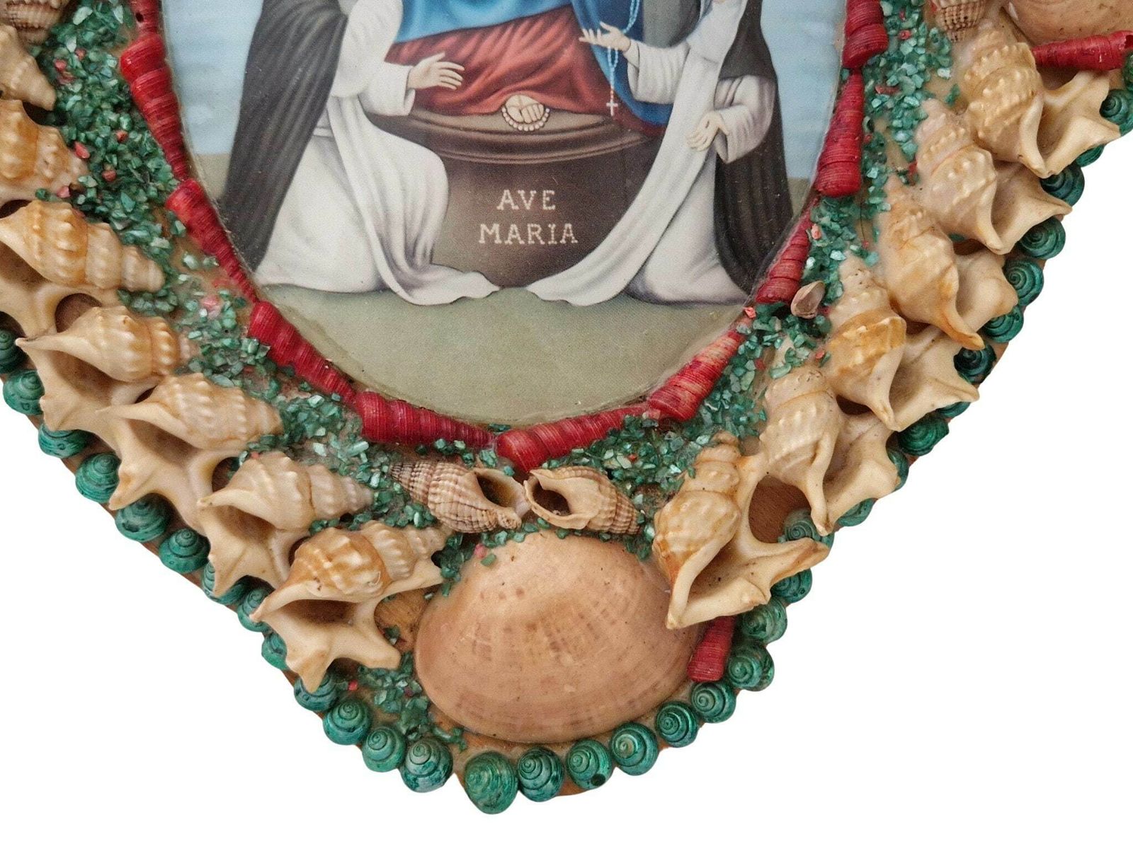 Mid Century Seashell Art Frame With Our Lady Of The Rosary, Vintage Mary And Jesus Portrait Art, Lady Of Pompeii Religious Souvenir. photo vintage