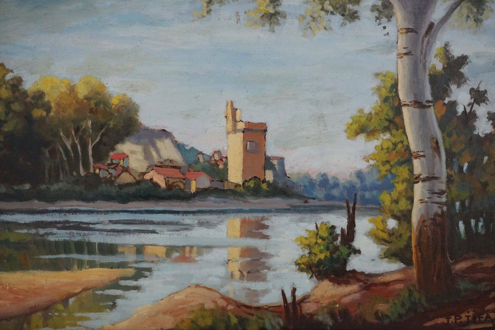 French River Landscape Painting With Tower And Fortress, Original Signed Art photo furniture