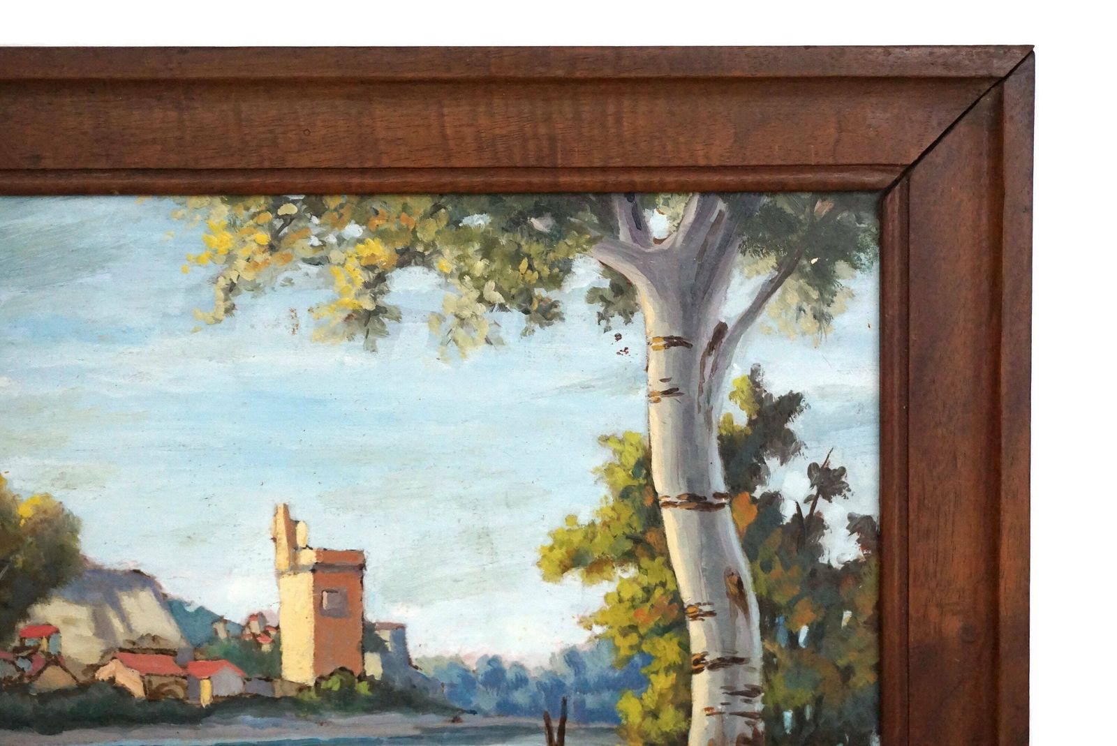 French River Landscape Painting With Tower And Fortress, Original Signed Art photo Art