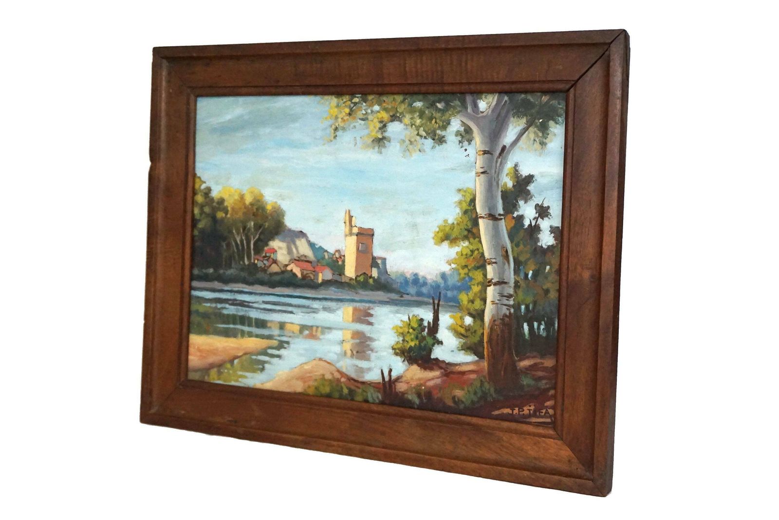French River Landscape Painting With Tower And Fortress, Original Signed Art photo vintage