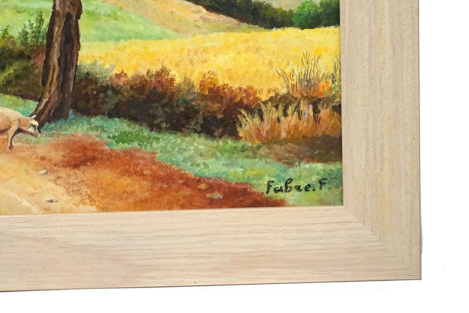 French Country Landscape Painting With Village And Man And Woman With Pig, Rustic Scenic Art photo vinterior