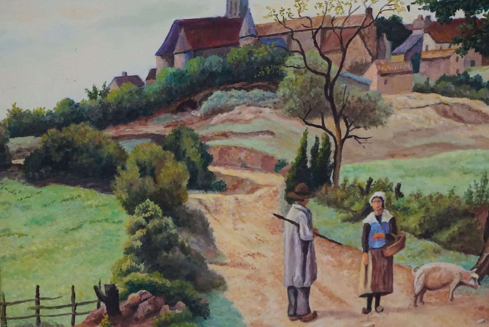 photo furniture French Country Landscape Painting With Village And Man And Woman With Pig, Rustic Scenic Art