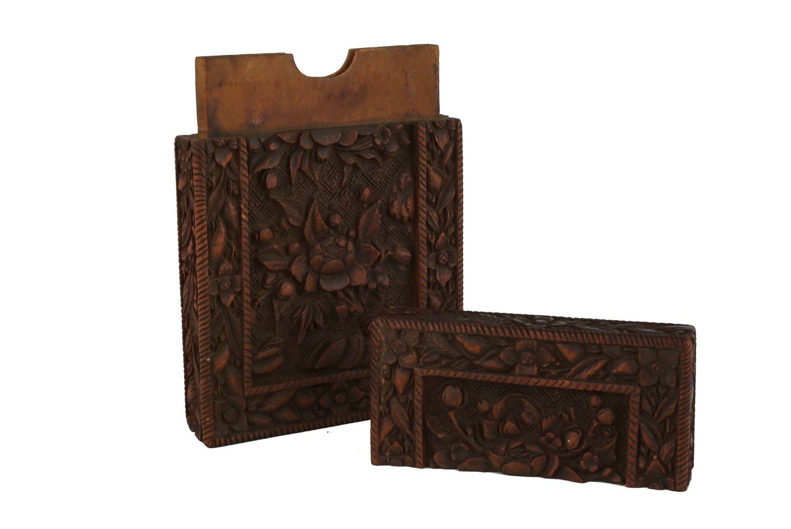 Antique Chinese Hand Carved Sandalwood Calling Card Case With Flowers, Victorian Wooden Box photo furniture