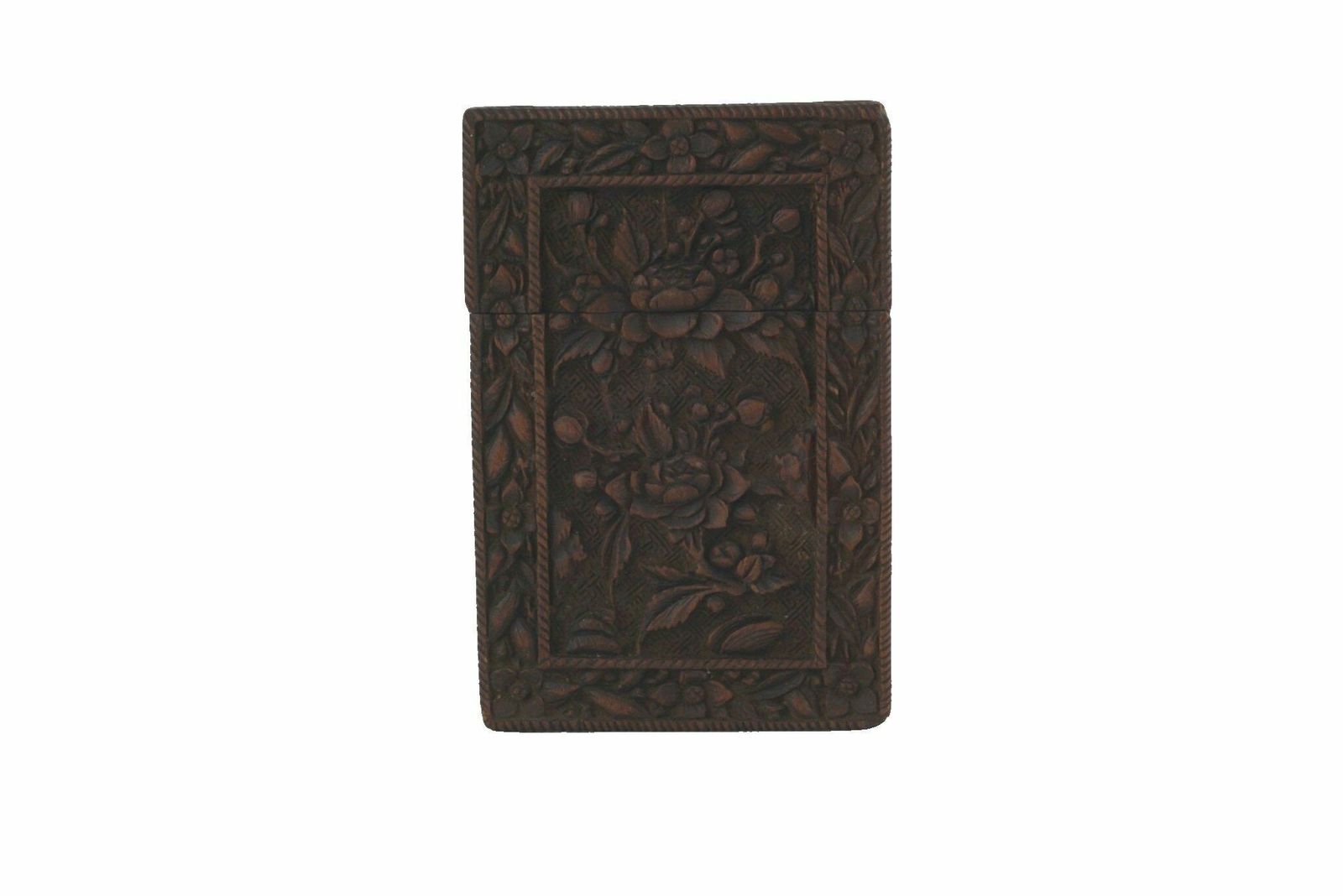 photo for sale Antique Chinese Hand Carved Sandalwood Calling Card Case With Flowers, Victorian Wooden Box