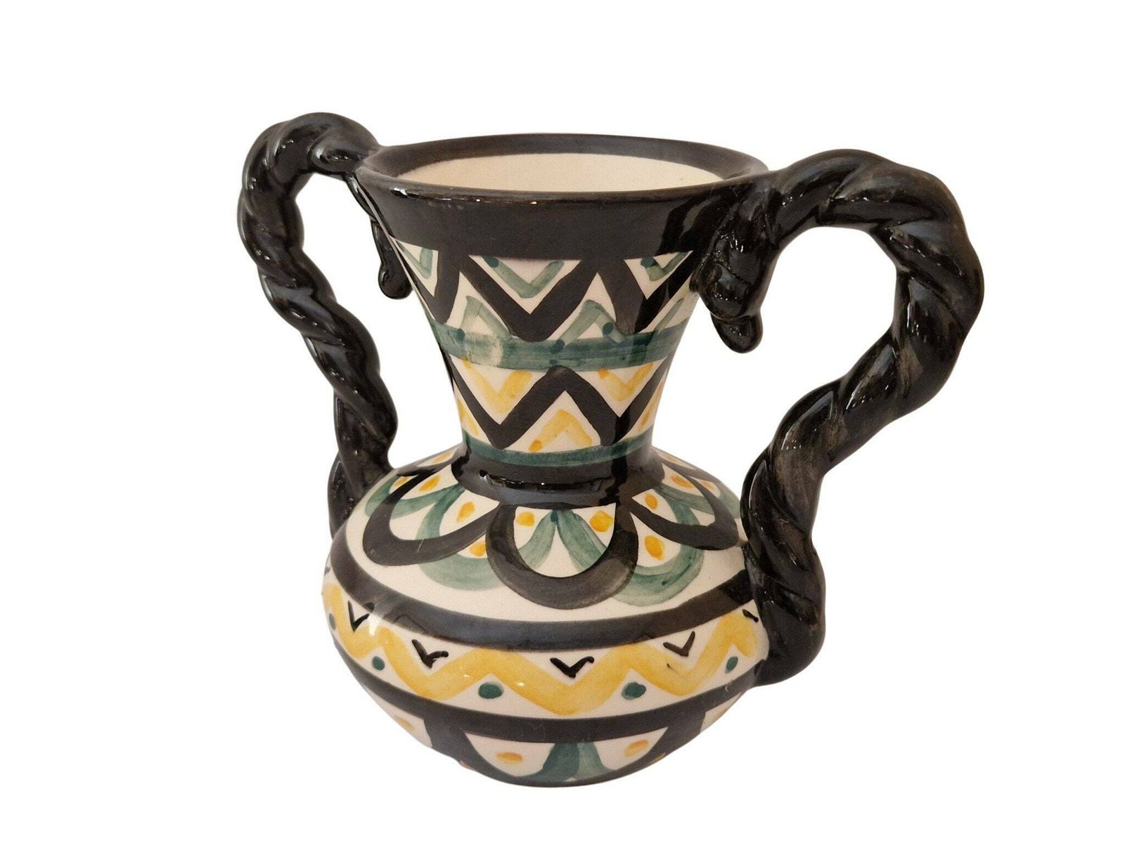 Mid Century Pottery Vase With Handles By Saint Jean De Bretagne, Hand Painted French Breton Ceramic photo vinterior