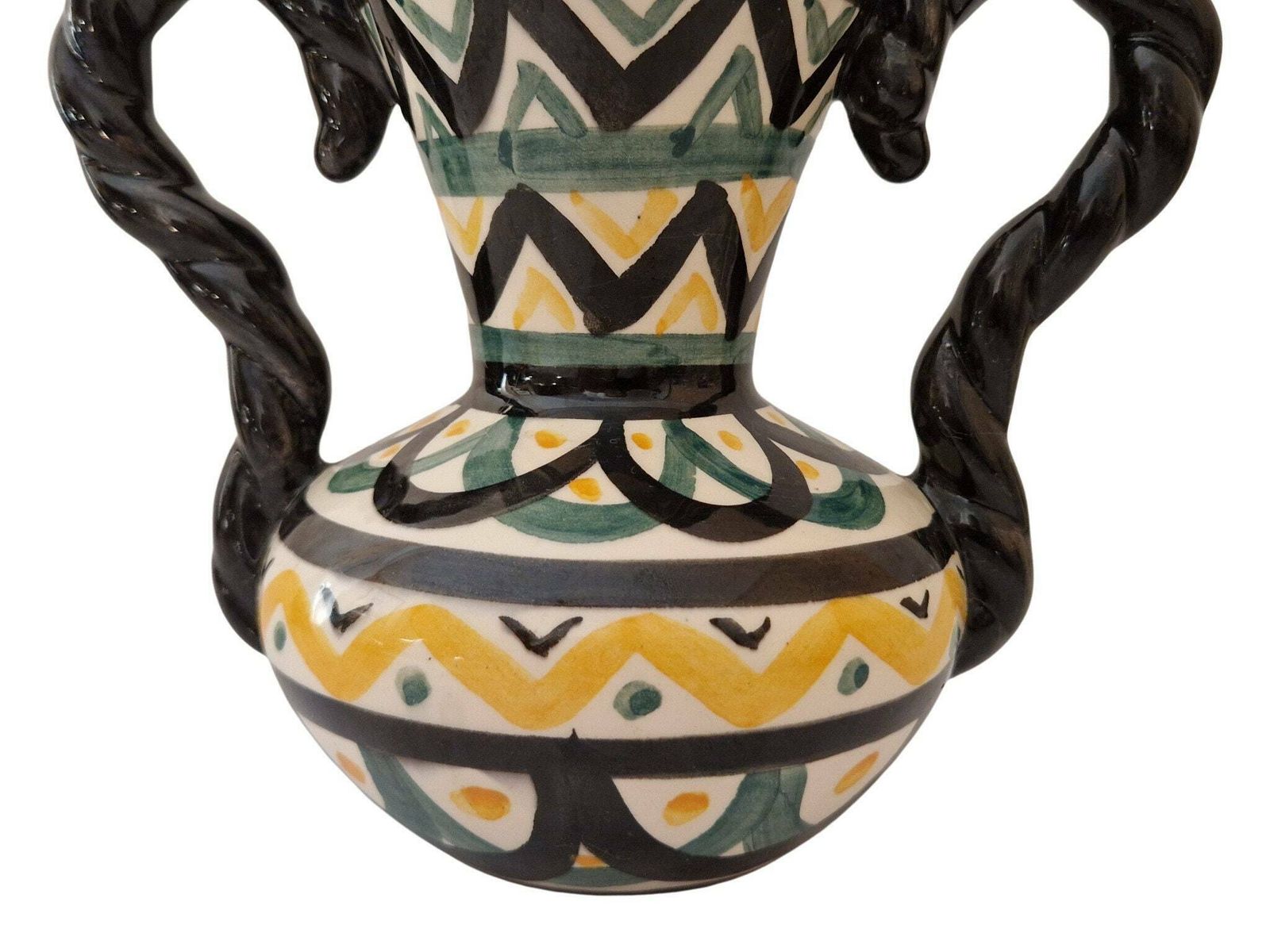 Mid Century Pottery Vase With Handles By Saint Jean De Bretagne, Hand Painted French Breton Ceramic photo vintage