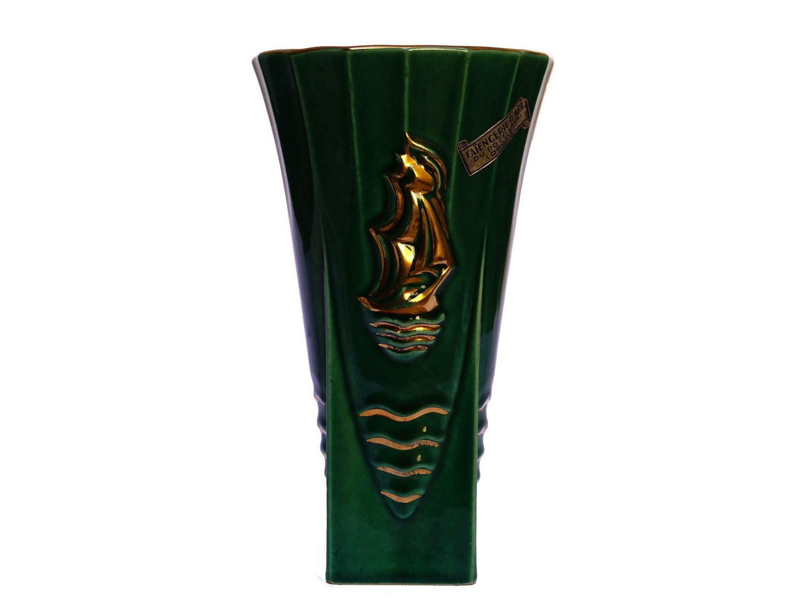 French Art Deco Pottery Vase With Seagulls And Sailing Boat, Nautical Mid Century