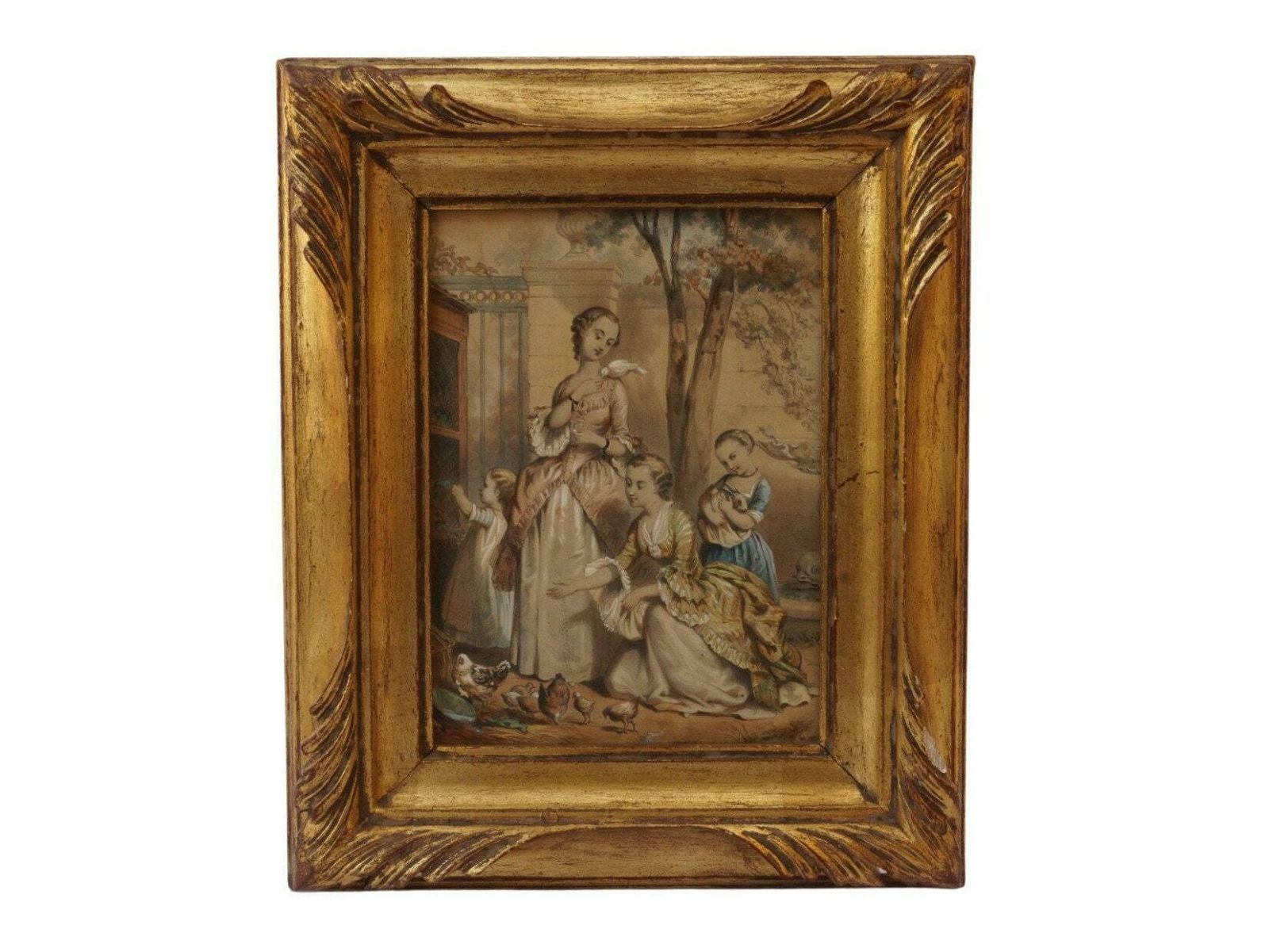 French Children In Farmyard Engraving, 19th Century Framed Art Print With Chickens And Animals