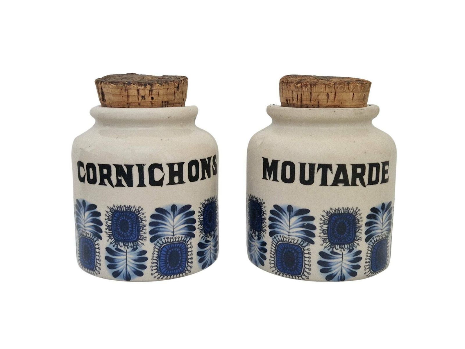 1970s Pottery Kitchen Crock Jar Set With Scandinavian Style Blue Leaf By Lml In Palma Pattern, French Mustard & Pickle Stoneware Canisters photo 87.0