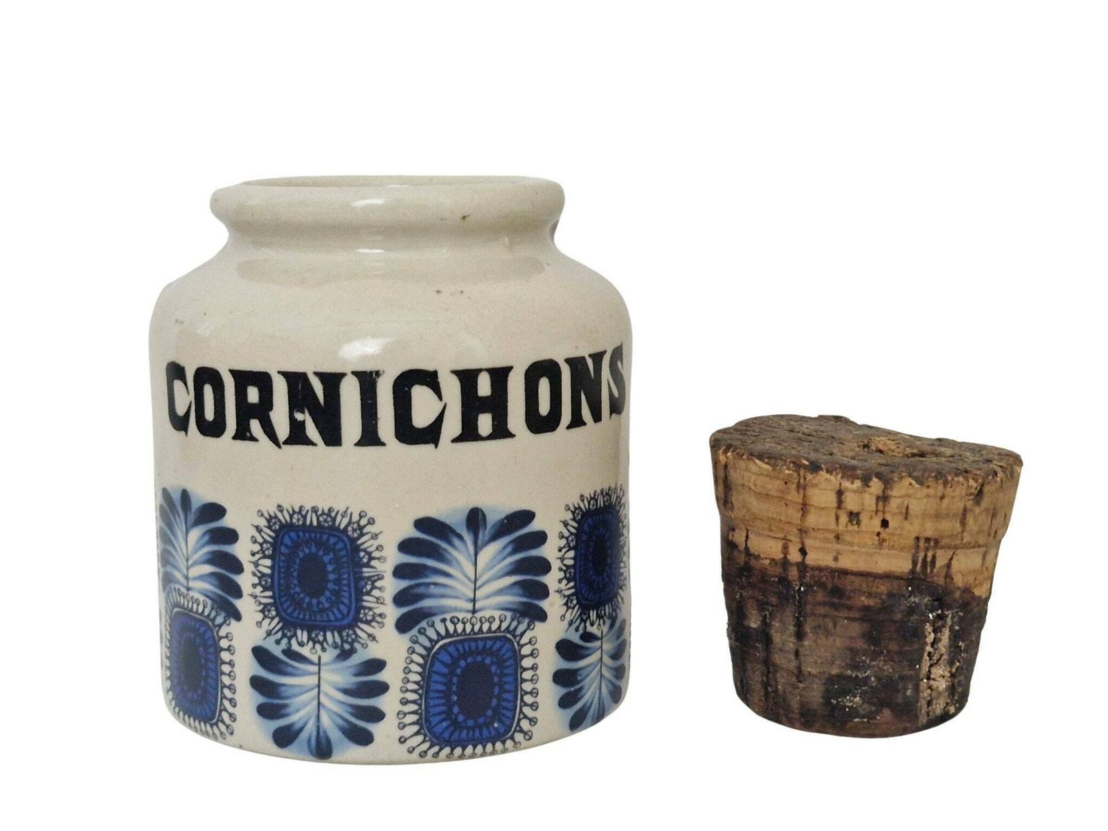 1970s Pottery Kitchen Crock Jar Set With Scandinavian Style Blue Leaf By Lml In Palma Pattern, French Mustard & Pickle Stoneware Canisters photo vinterior