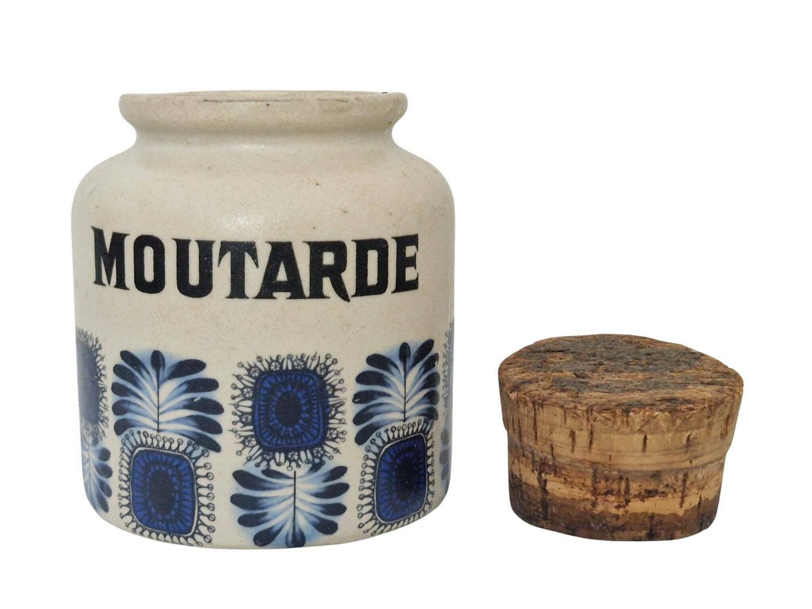 1970s Pottery Kitchen Crock Jar Set With Scandinavian Style Blue Leaf By Lml In Palma Pattern, French Mustard & Pickle Stoneware Canisters photo vintage