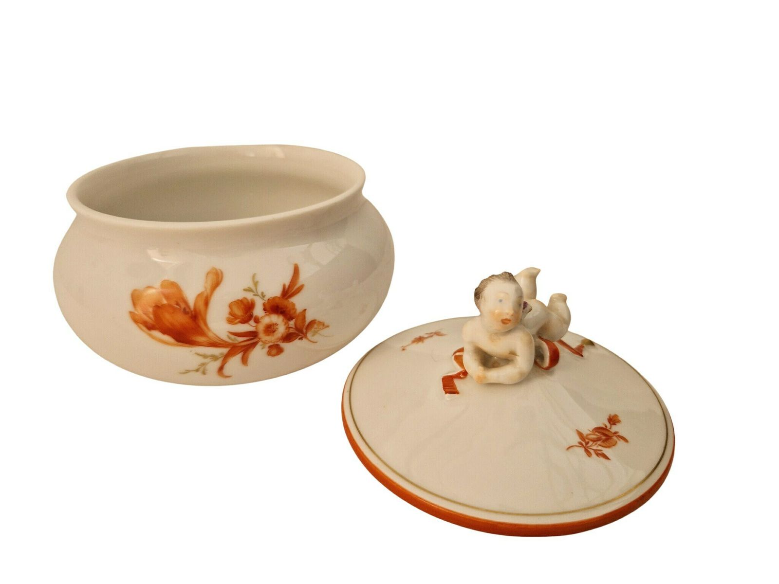 Antique Meissen Porcelain Covered Pot By Paul Scheurich, German Ceramic Jewelry Box With Cherub Figurine photo 552.0