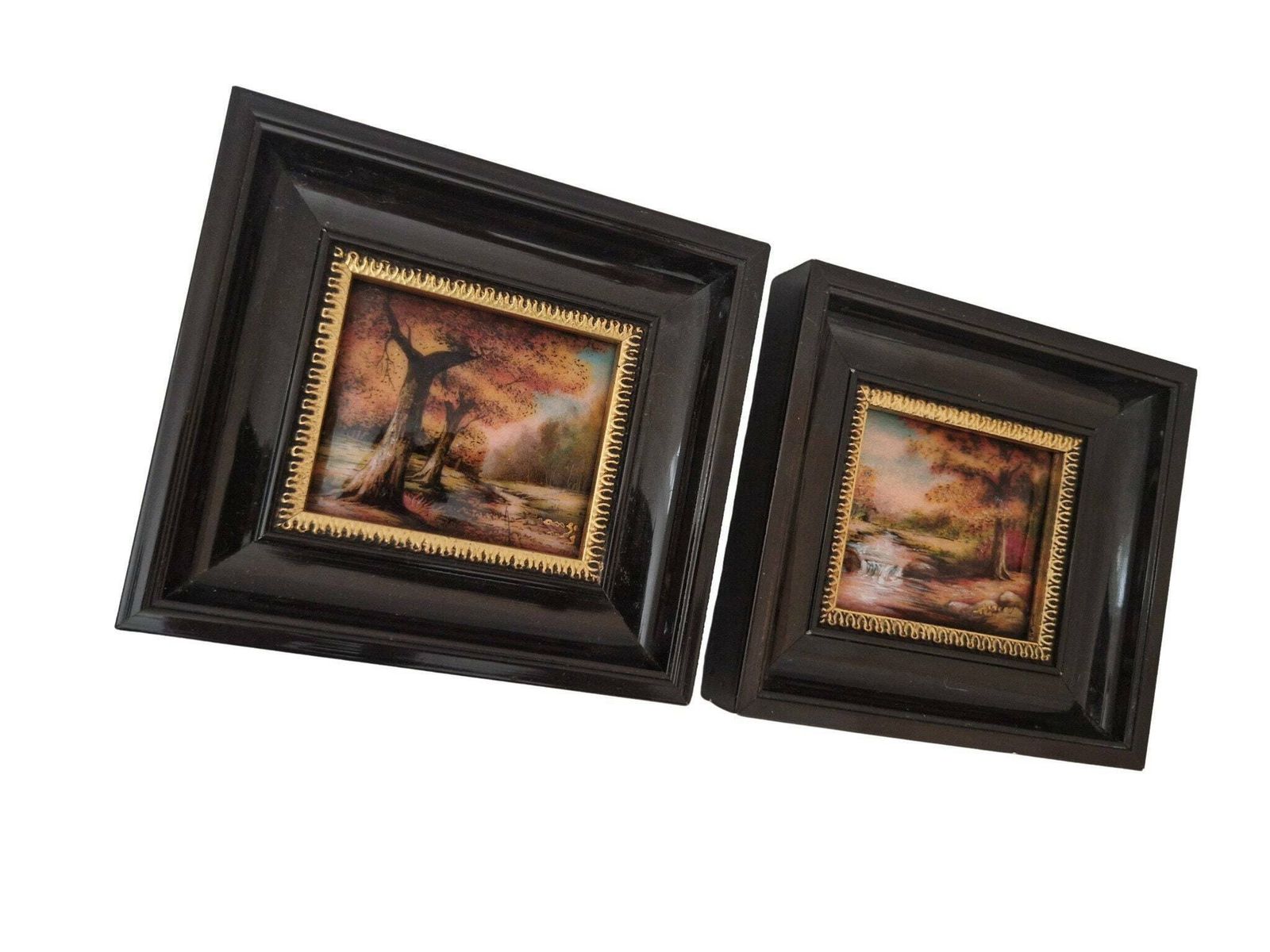 Miniature Limoges Enamel Paintings By Jean Grange, Set Of 2 Fall Tree Country Landscapes photo for sale