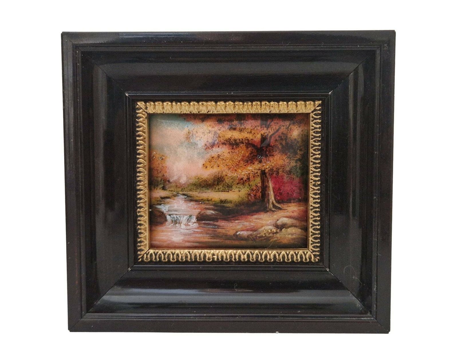 Miniature Limoges Enamel Paintings By Jean Grange, Set Of 2 Fall Tree Country Landscapes photo Art