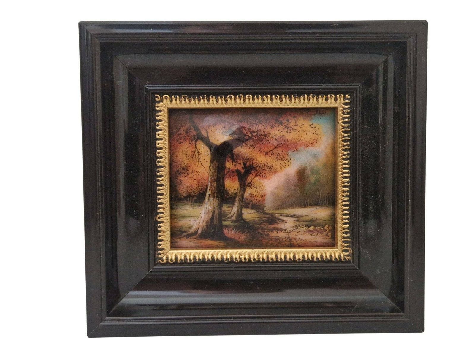 Miniature Limoges Enamel Paintings By Jean Grange, Set Of 2 Fall Tree Country Landscapes photo buy